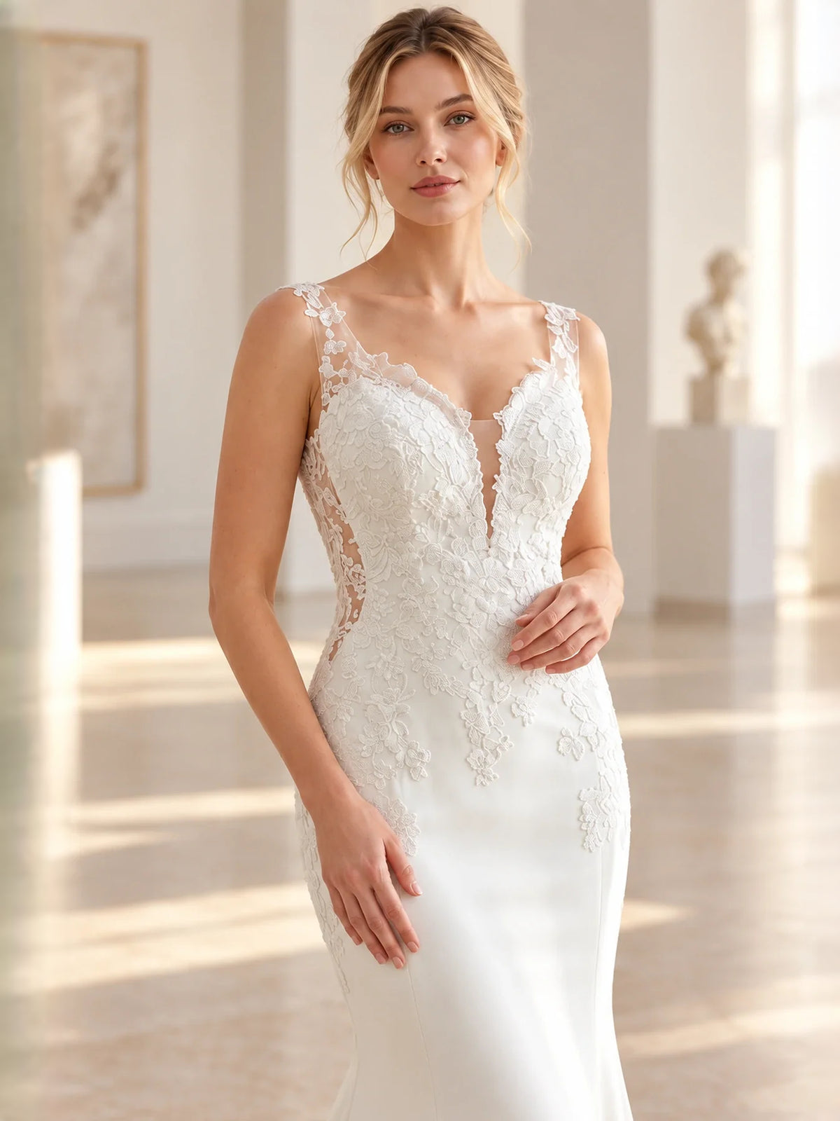 Ivory floor-length wedding dress, alternate view showing the skirt and hem