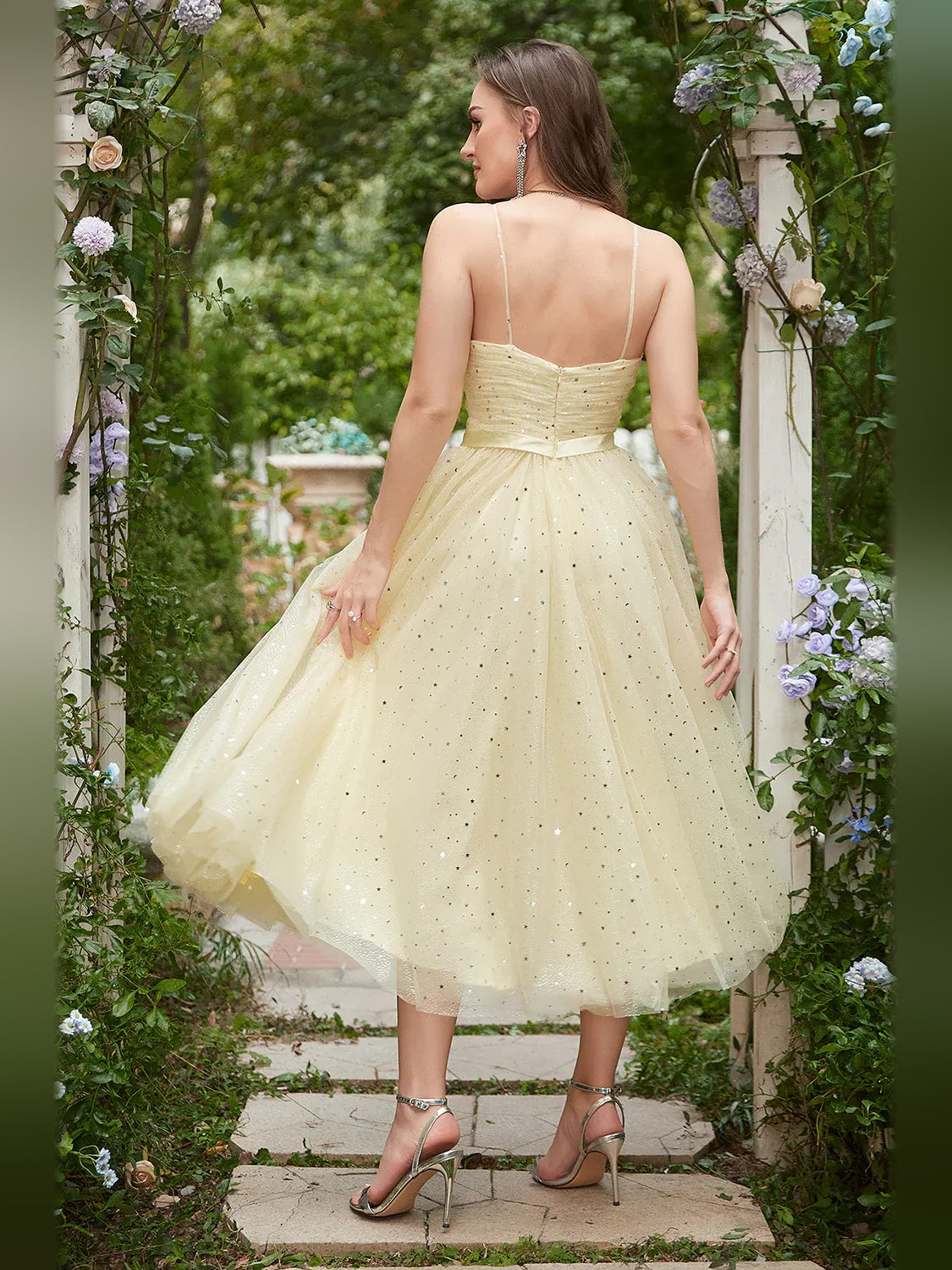 Pale Lemon tea-length homecoming dress, alternate view showing the skirt and hem