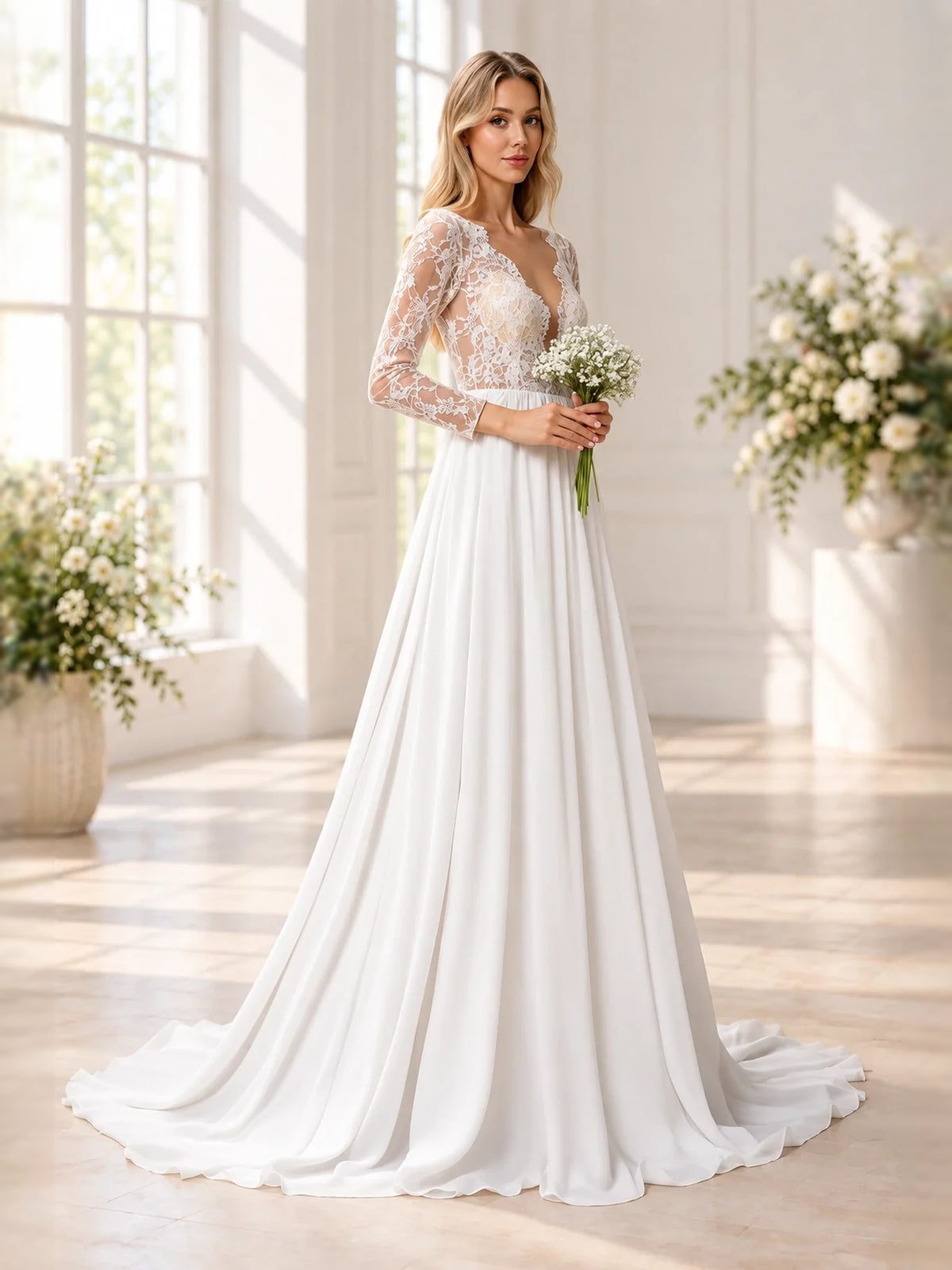 Ivory floor-length wedding dress, alternate view showing the skirt and hem