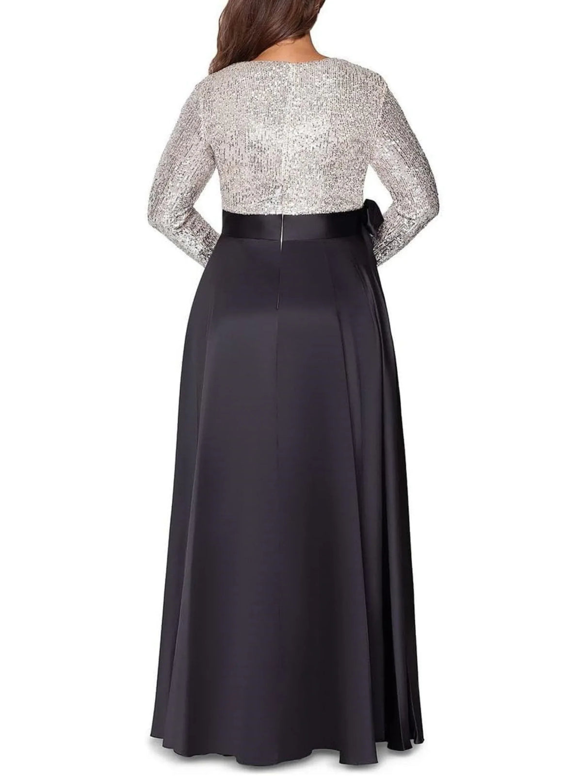 Black a-line floor-length formal dress with floral print, alternate view showing the skirt