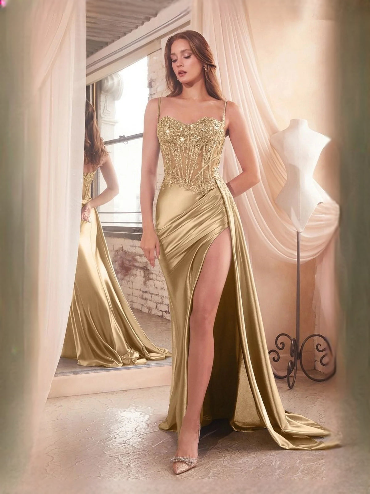 Gold floor-length prom dress, alternate view showing the skirt and hem
