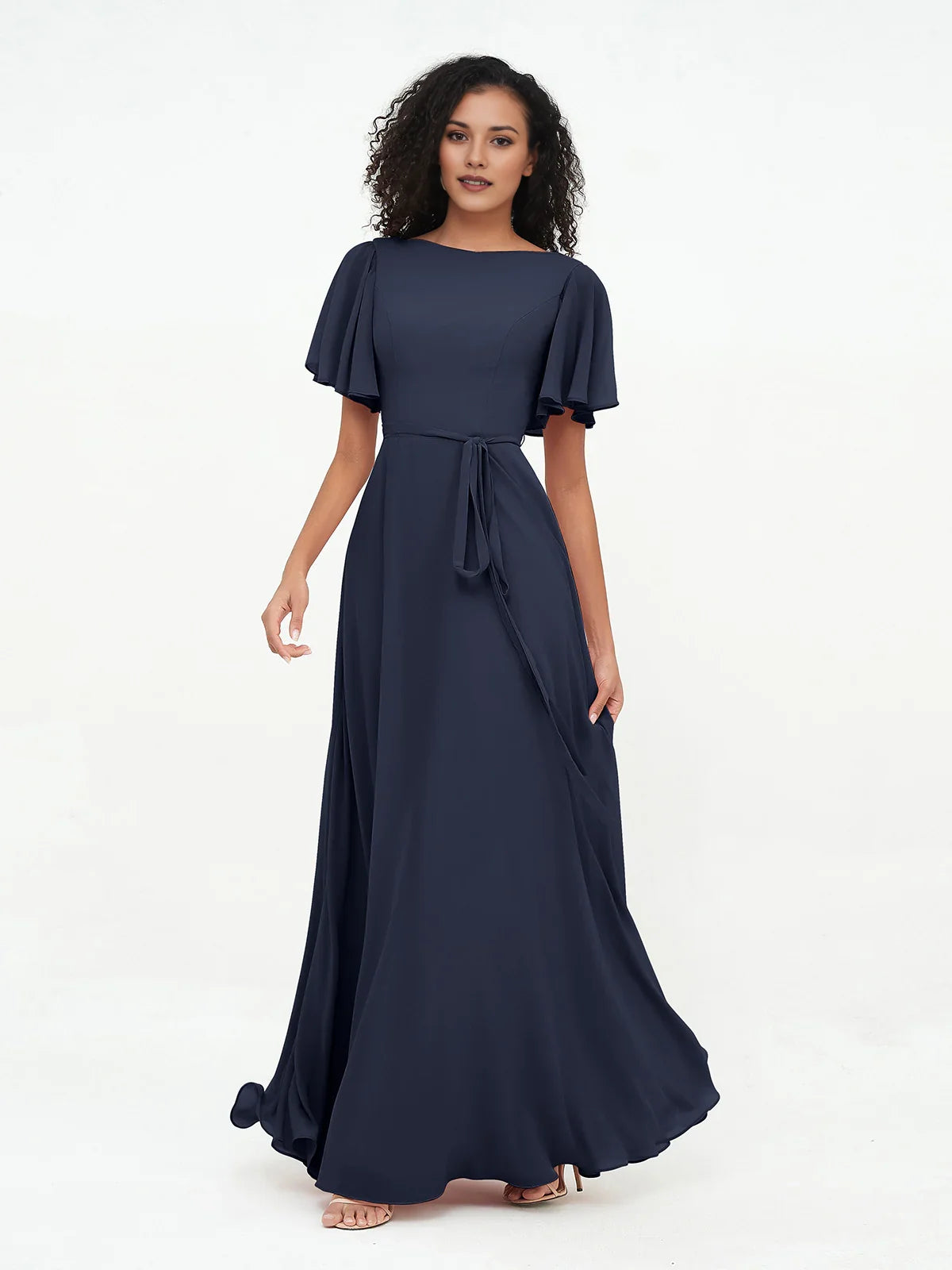 Dark Navy maxi bridesmaid dress, alternate view showing the skirt and hem