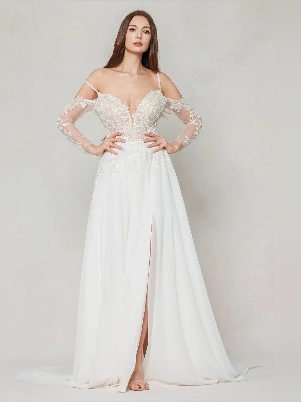 Ivory floor-length wedding dress, alternate view showing the skirt and hem