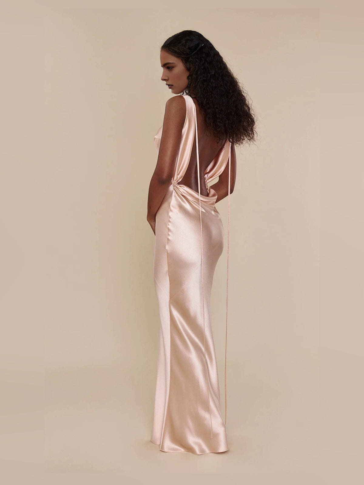 Blush Pink maxi prom dress, alternate view showing the skirt and hem