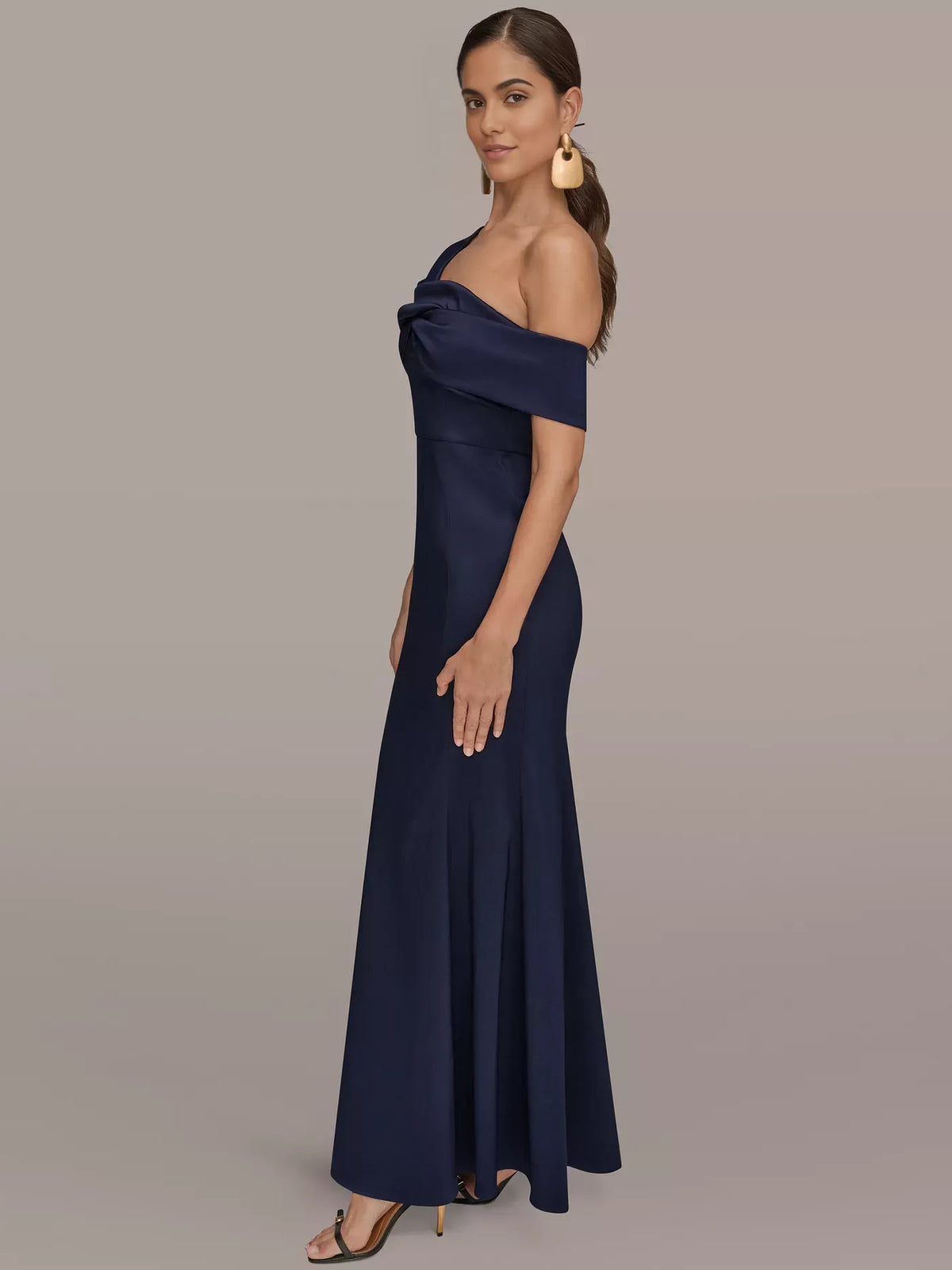 Navy Blue mermaid floor-length formal dress with one-shoulder neckline, alternate view showing the skirt