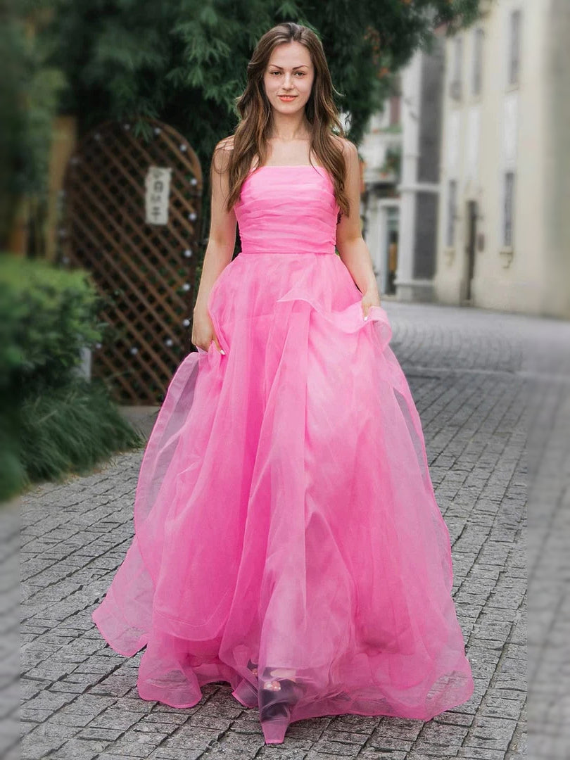 Hot Pink floor-length prom dress, alternate view showing the skirt and hem