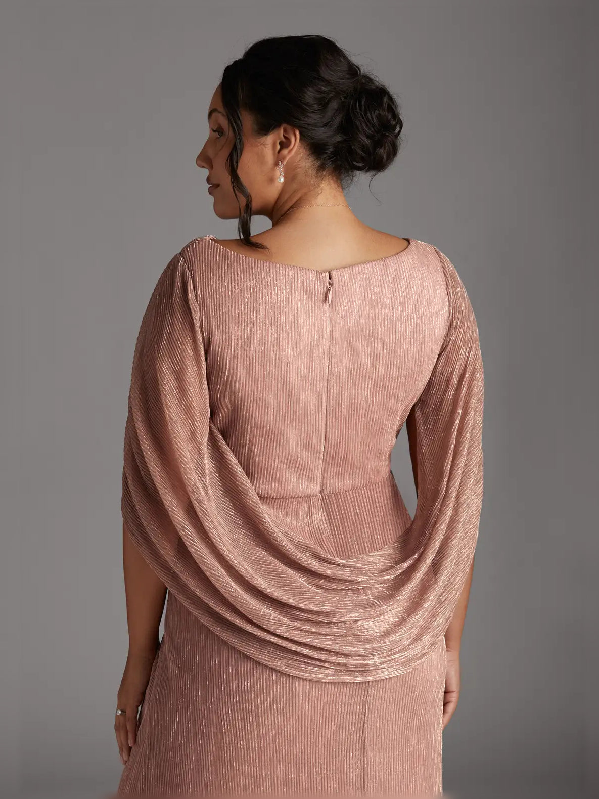 Rose Gold maxi mother of the bride dress, alternate view showing the skirt and hem