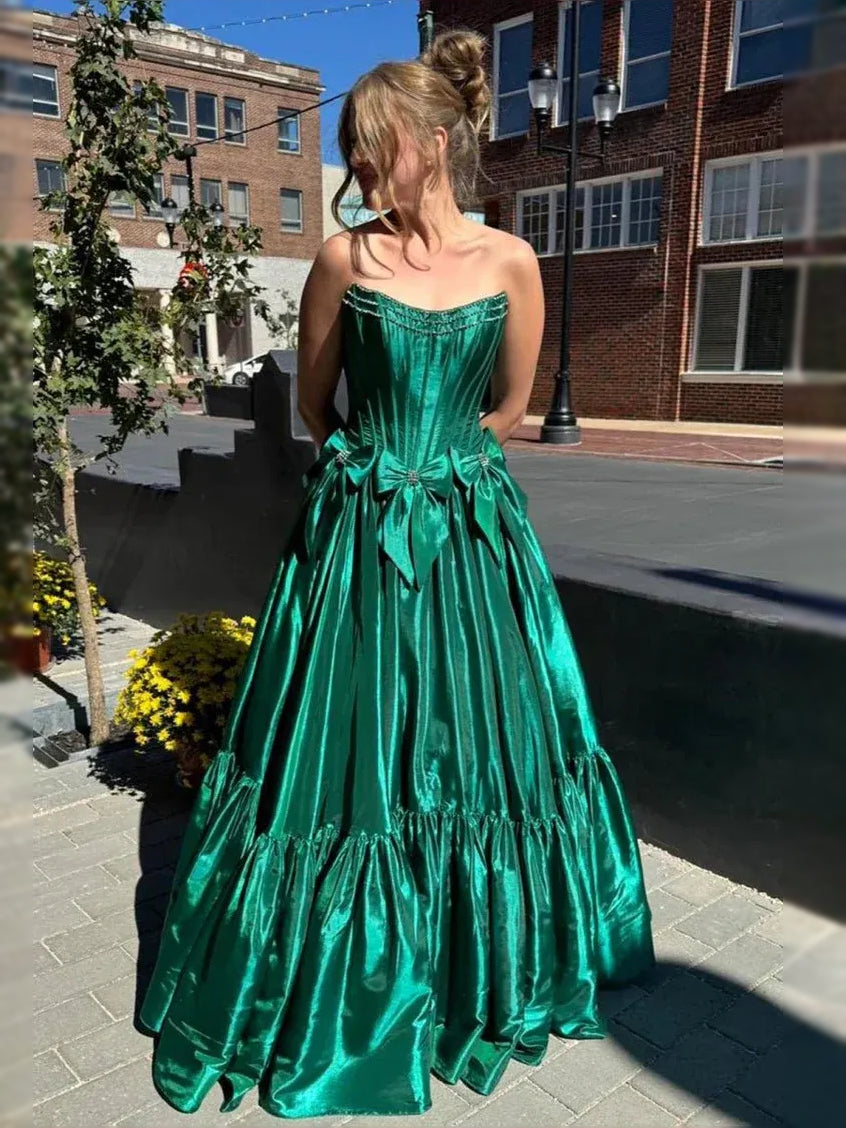 Dark Green floor-length prom dress, alternate view showing the skirt and hem