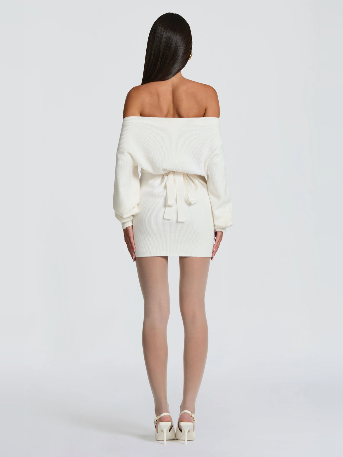 Ivory mini homecoming dress, alternate view showing the skirt and hem
