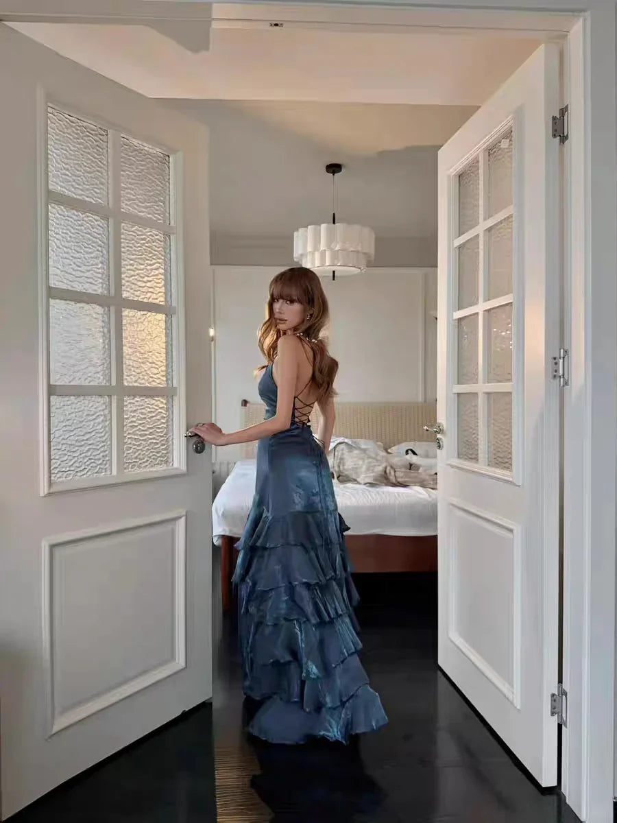 Blue mermaid floor-length formal dress with ruffle details, alternate view showing the skirt
