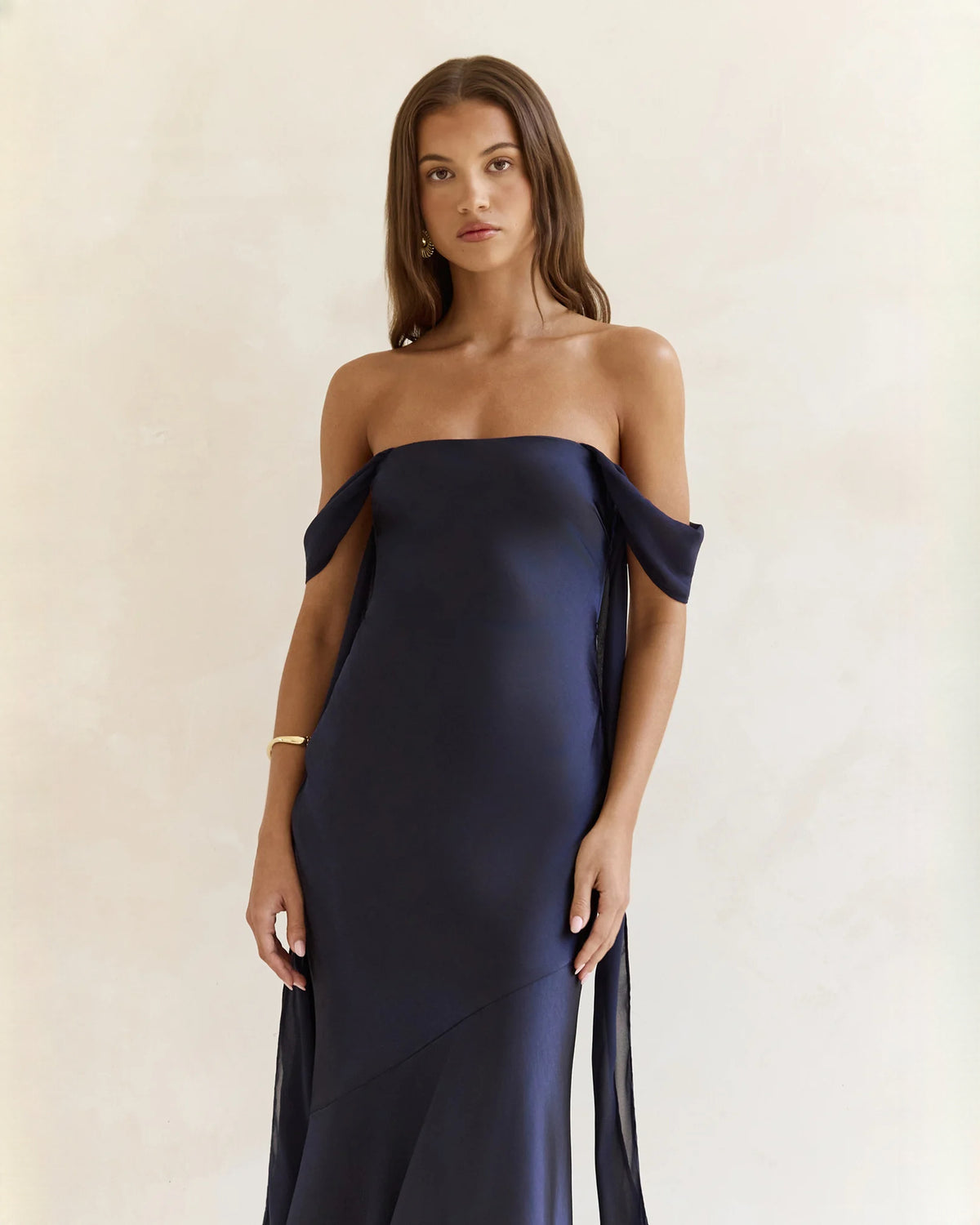 off-shoulder satin a-line maxi bridesmaid dress - image 5