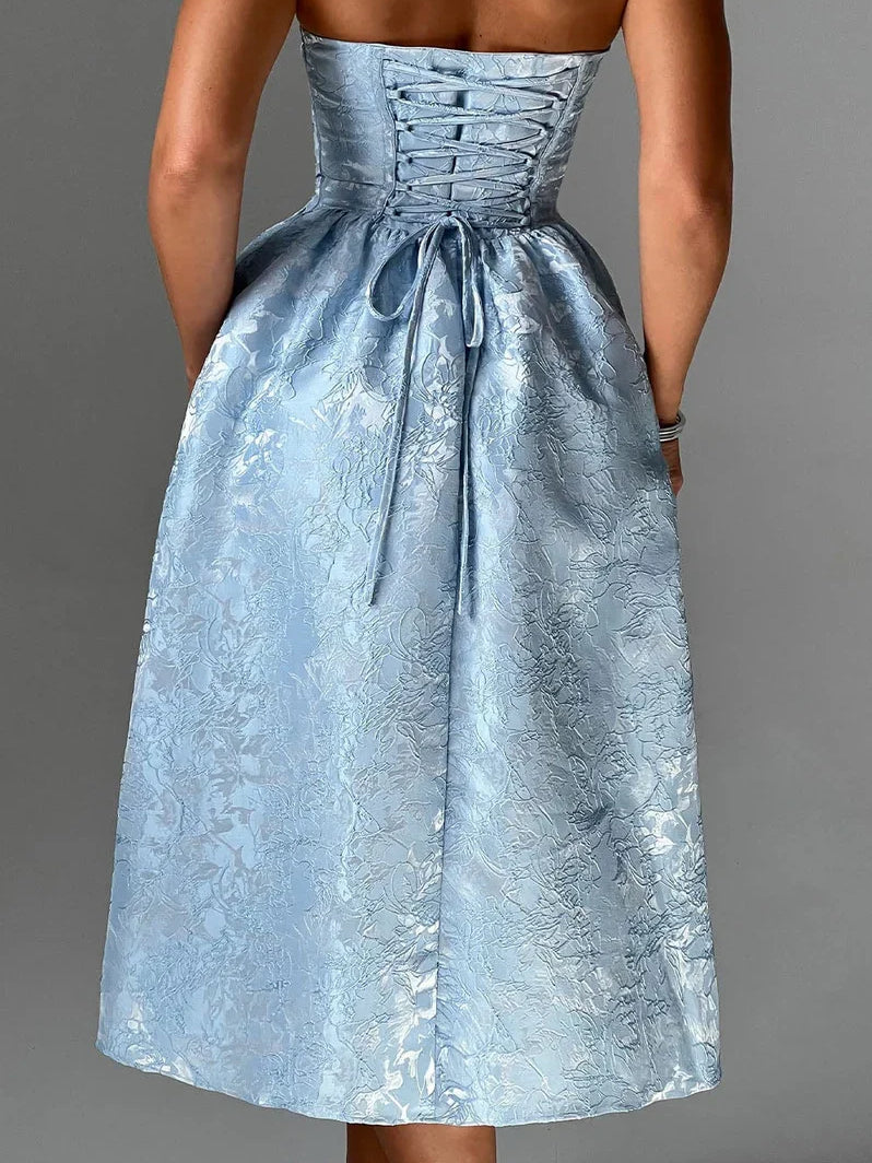 Red midi formal dress with ruching, alternate view showing the skirt