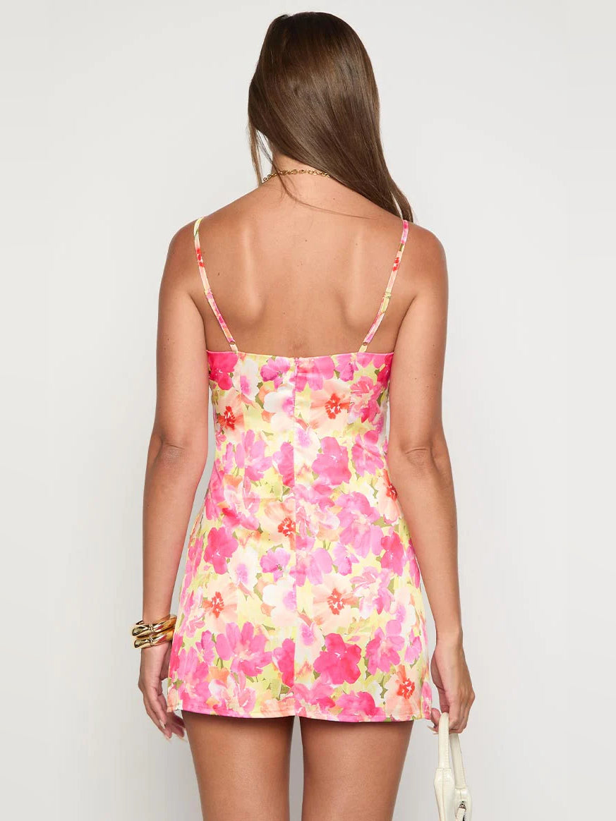 Yellow Floral mini homecoming dress, alternate view showing the skirt and hem