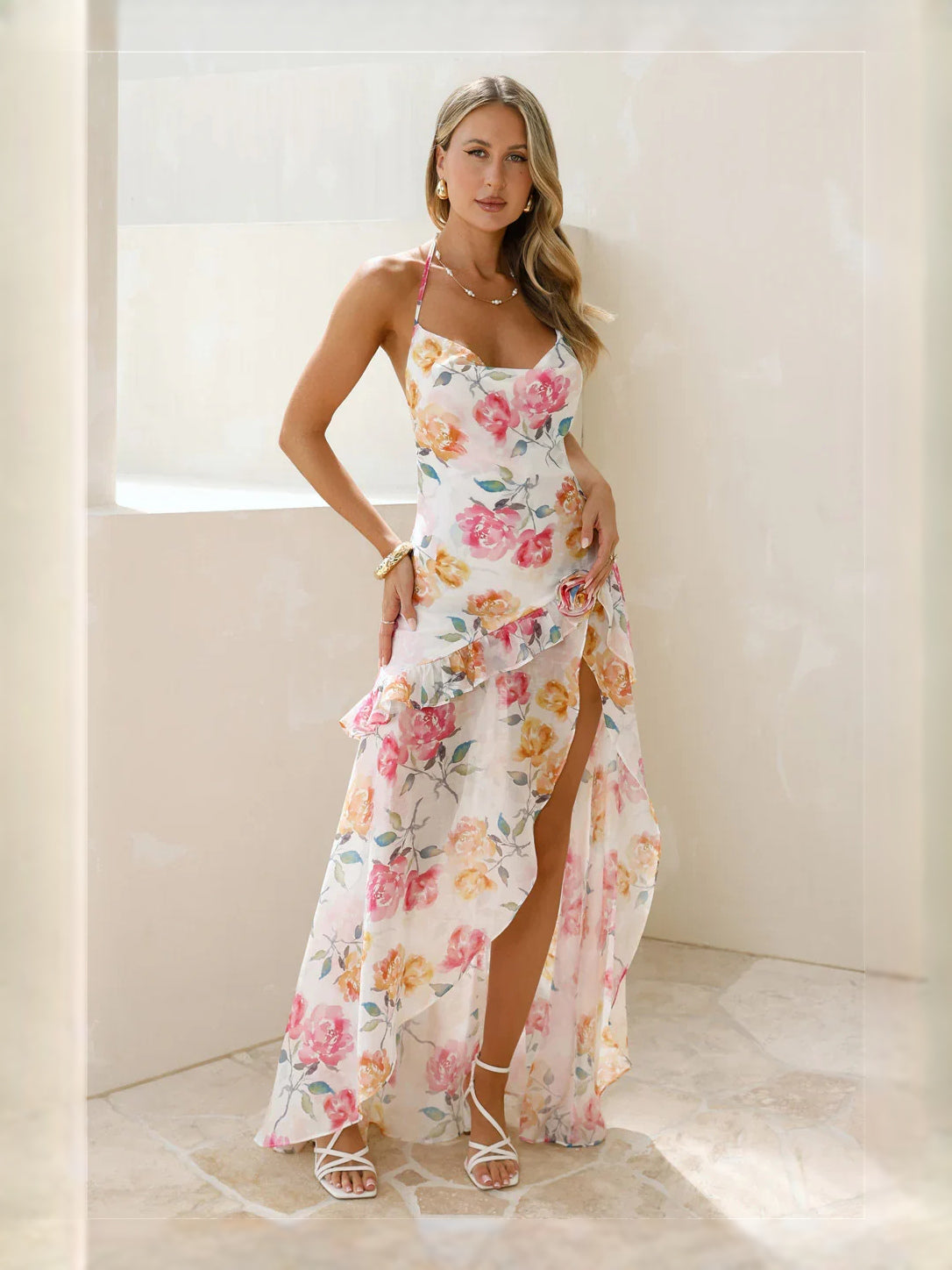 Floral maxi prom dress, alternate view showing the skirt and hem