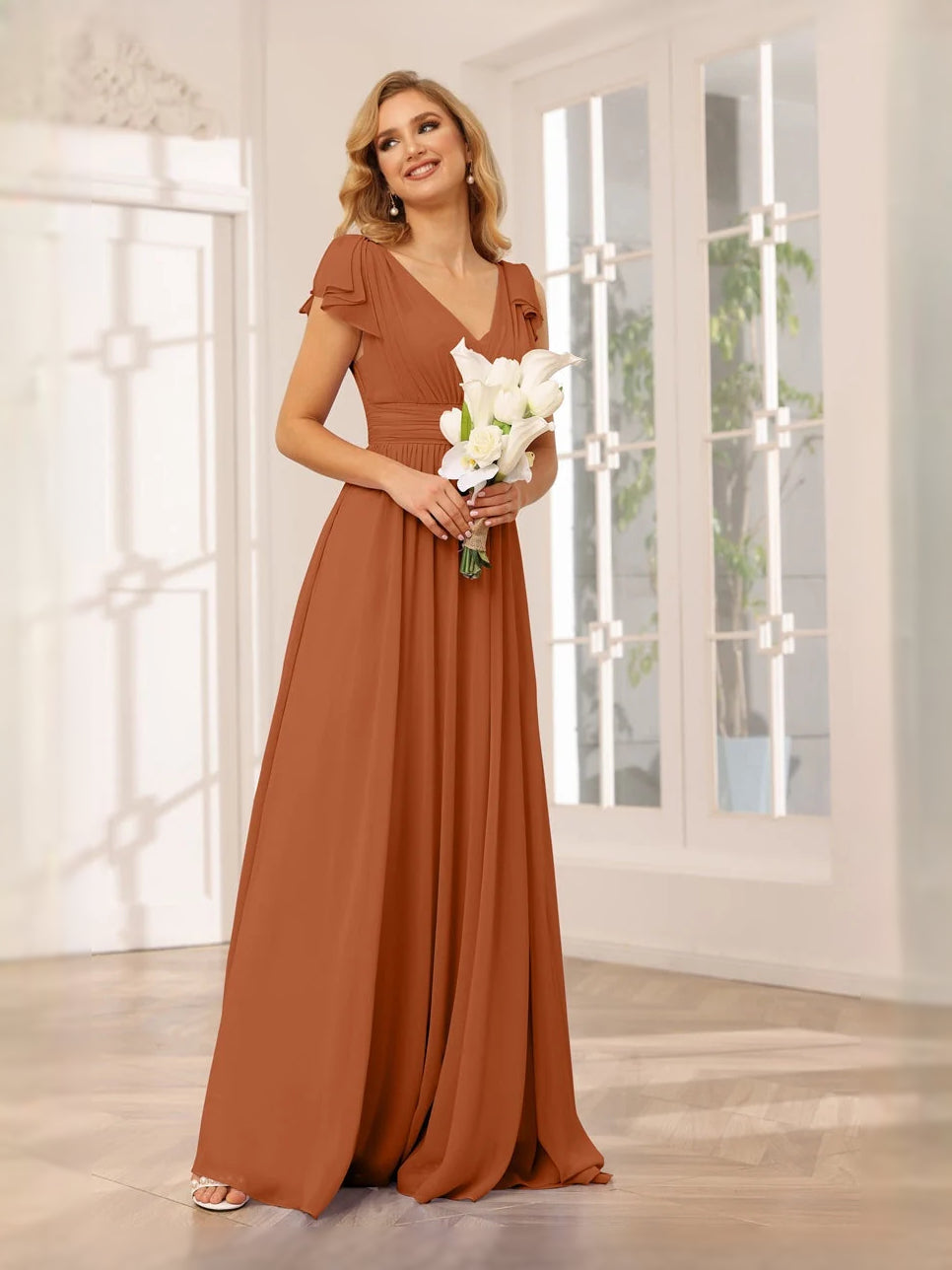 Burnt Orange floor-length bridesmaid dress, alternate view showing the skirt and hem