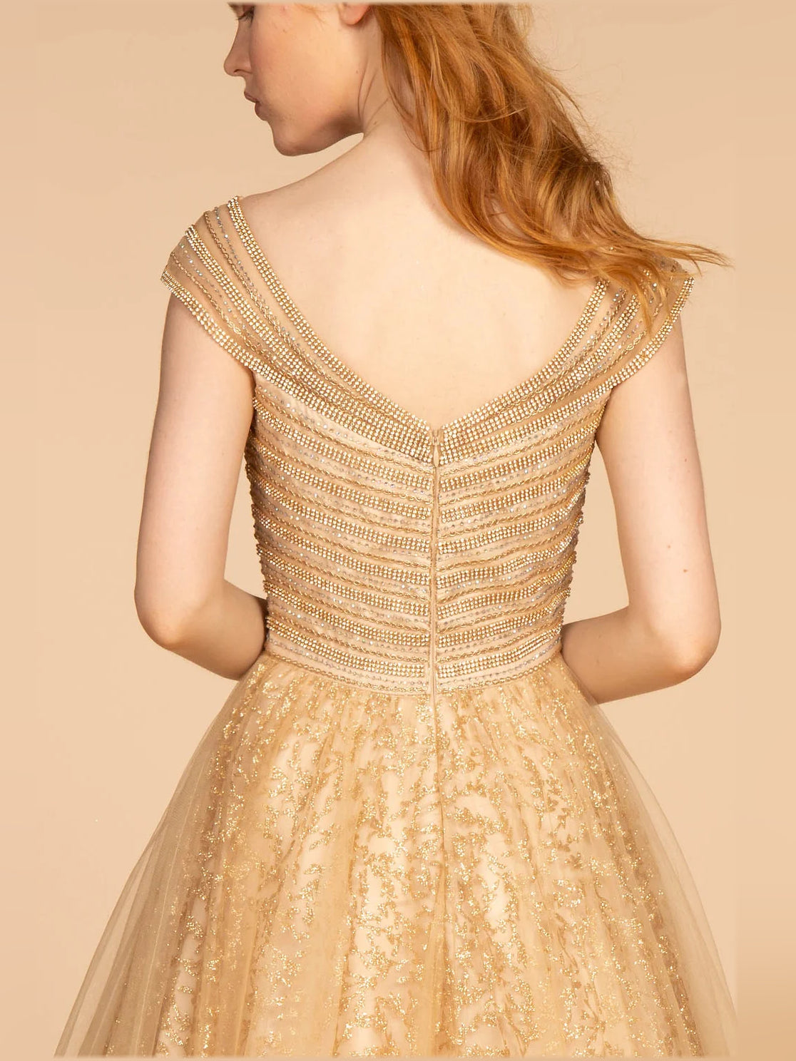 Silver floor-length prom dress, alternate view showing the skirt and hem