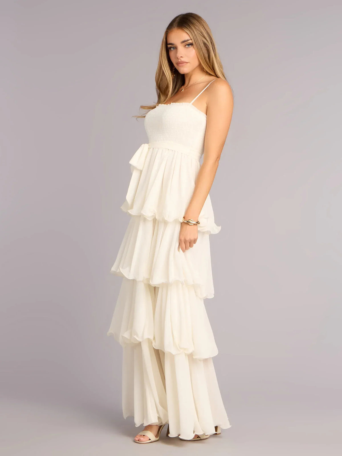 Ivory maxi prom dress, alternate view showing the skirt and hem