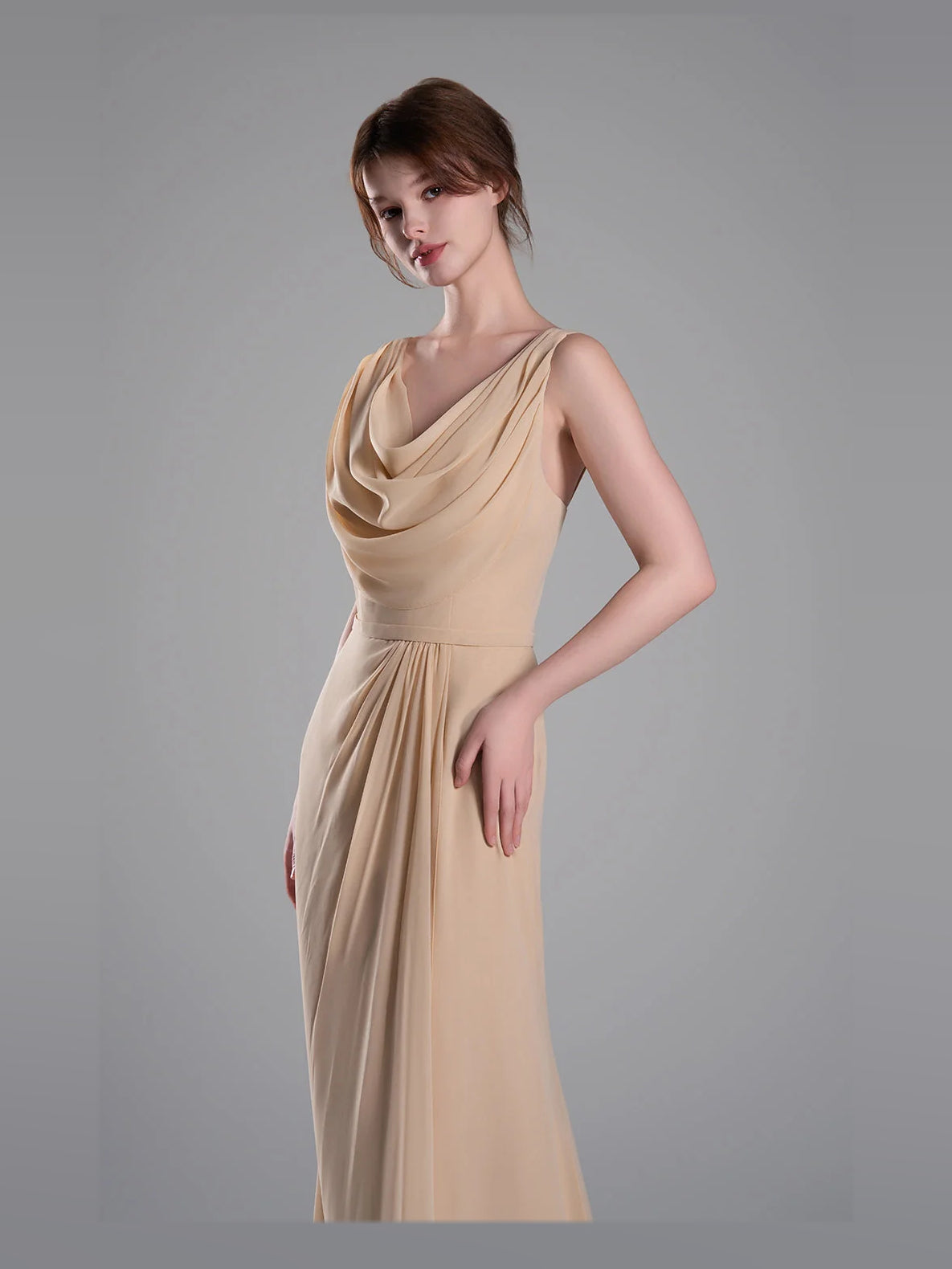 Beige maxi bridesmaid dress, alternate view showing the skirt and hem