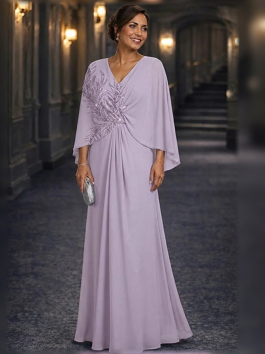 Lavender floor-length mother of the bride dress, alternate view showing the skirt and hem