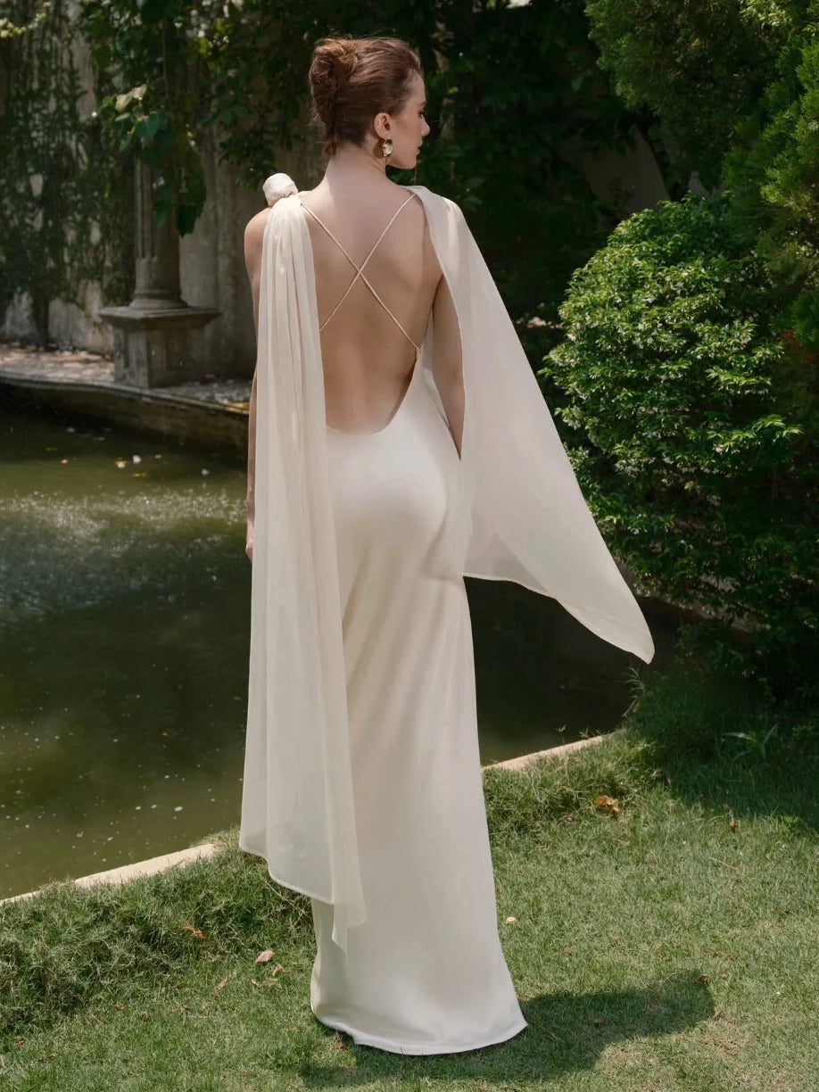 Ivory floor-length wedding dress, alternate view showing the skirt and hem