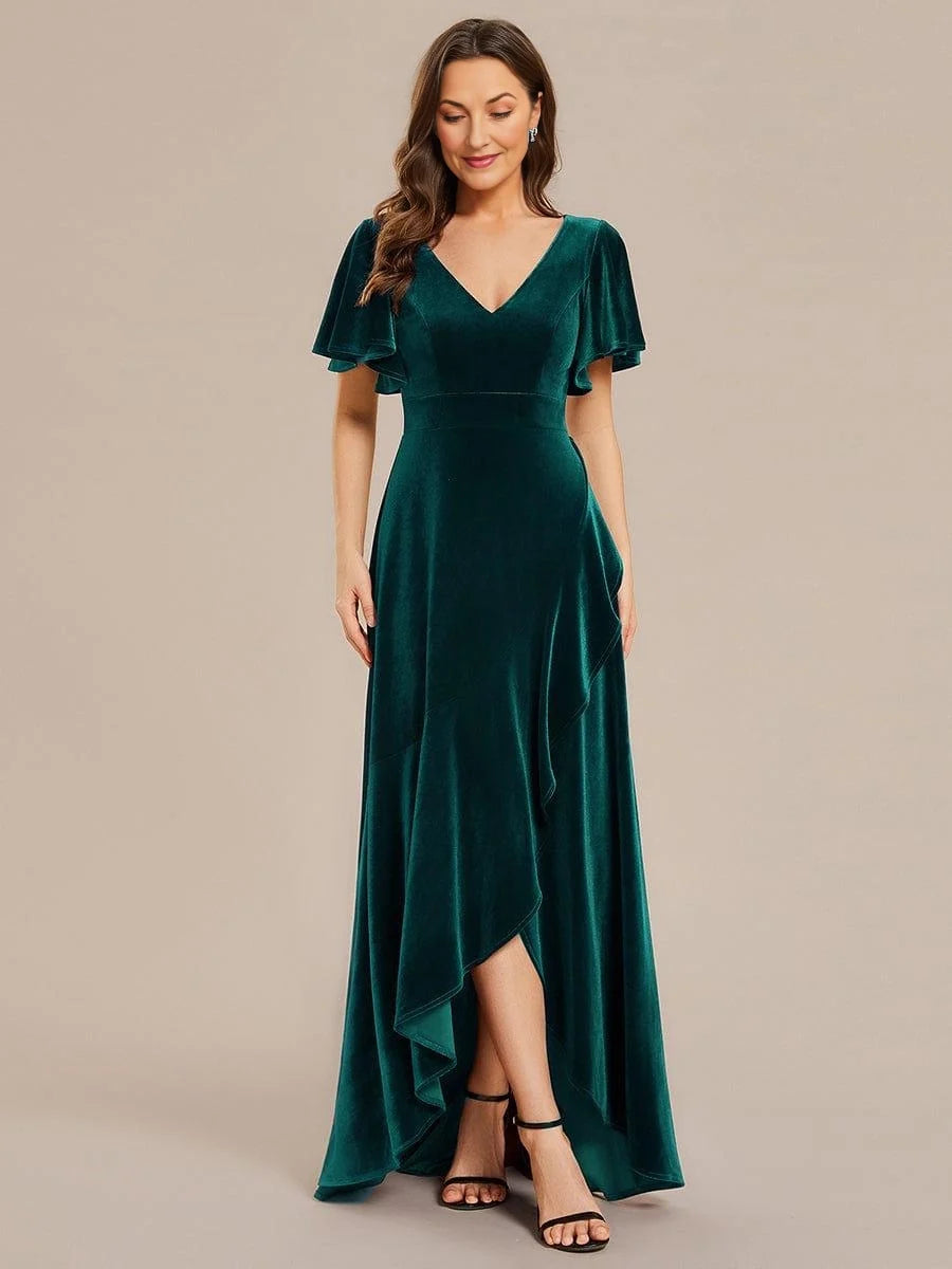 Dark Green high-low mother of the bride dress, alternate view showing the skirt and hem