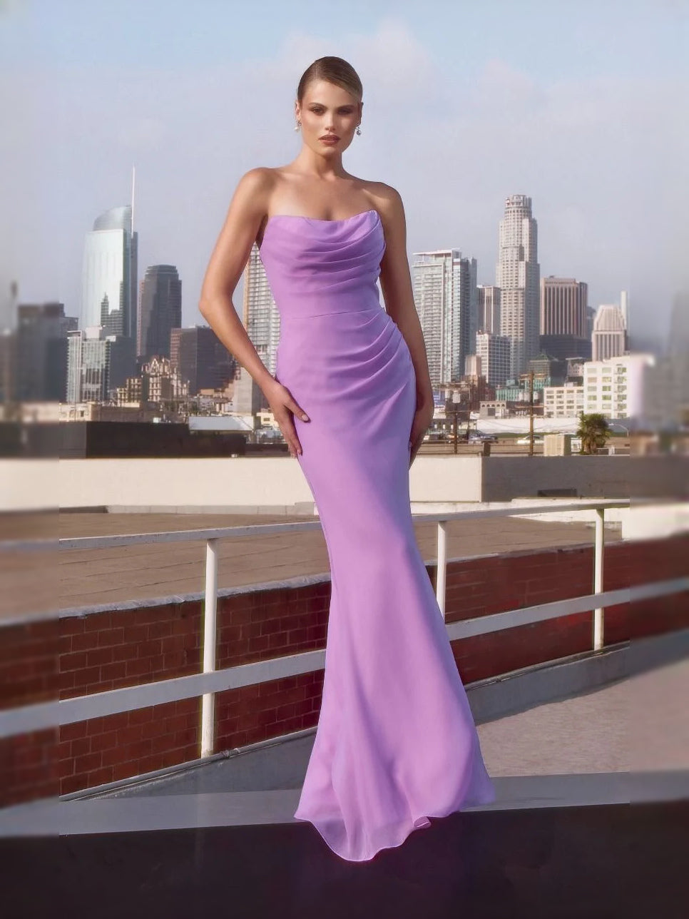 Lavender floor-length prom dress, alternate view showing the skirt and hem