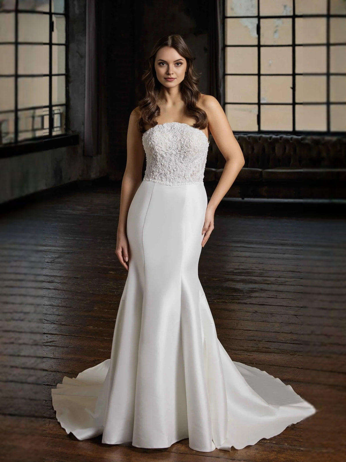 Ivory floor-length wedding dress, alternate view showing the skirt and hem