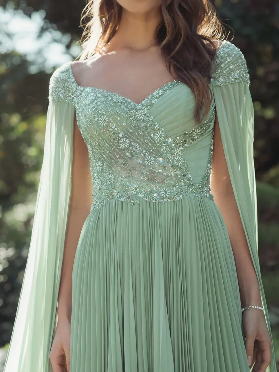 Dusty Sage a-line floor-length formal dress with beading, alternate view showing the skirt