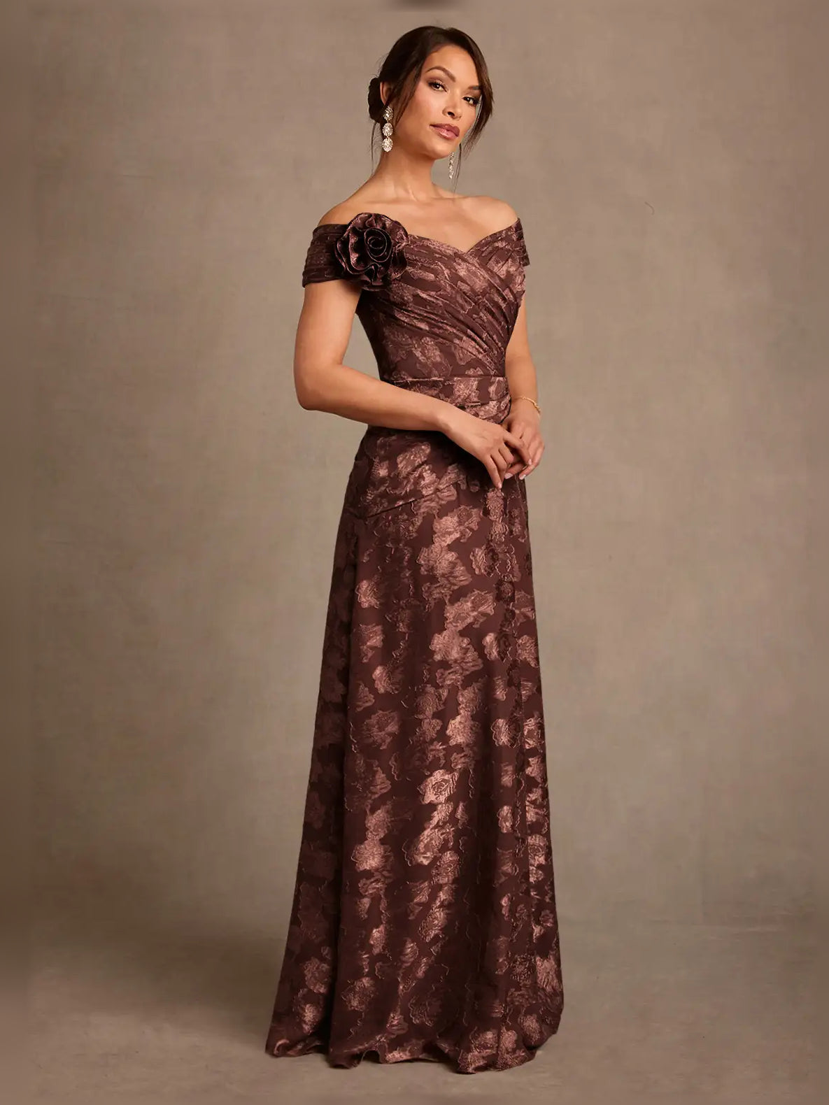 Espresso maxi mother of the bride dress, alternate view showing the skirt and hem