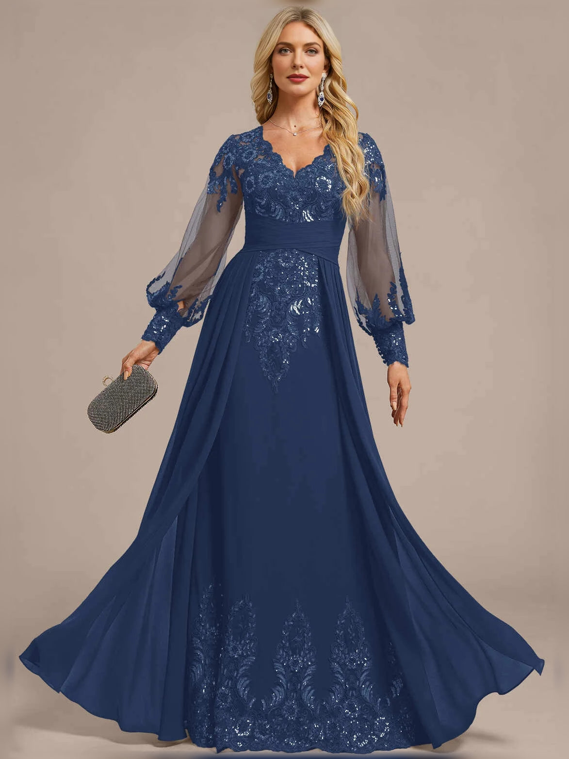 Navy floor-length mother of the bride dress, alternate view showing the skirt and hem