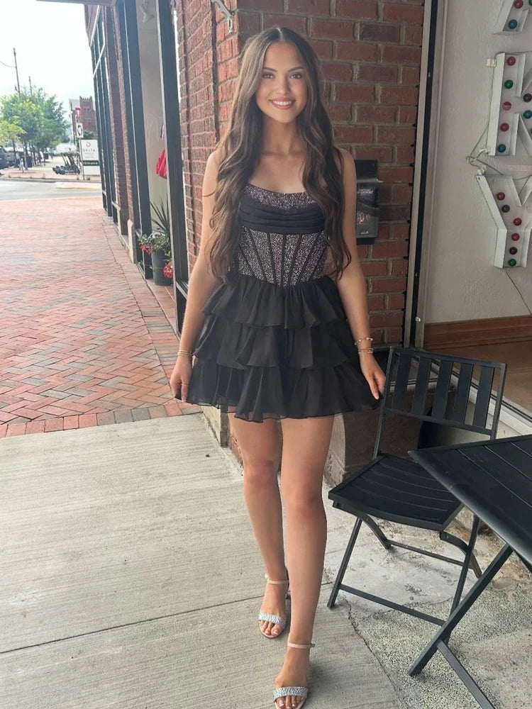 Navy Blue mini homecoming dress, alternate view showing the skirt and hem