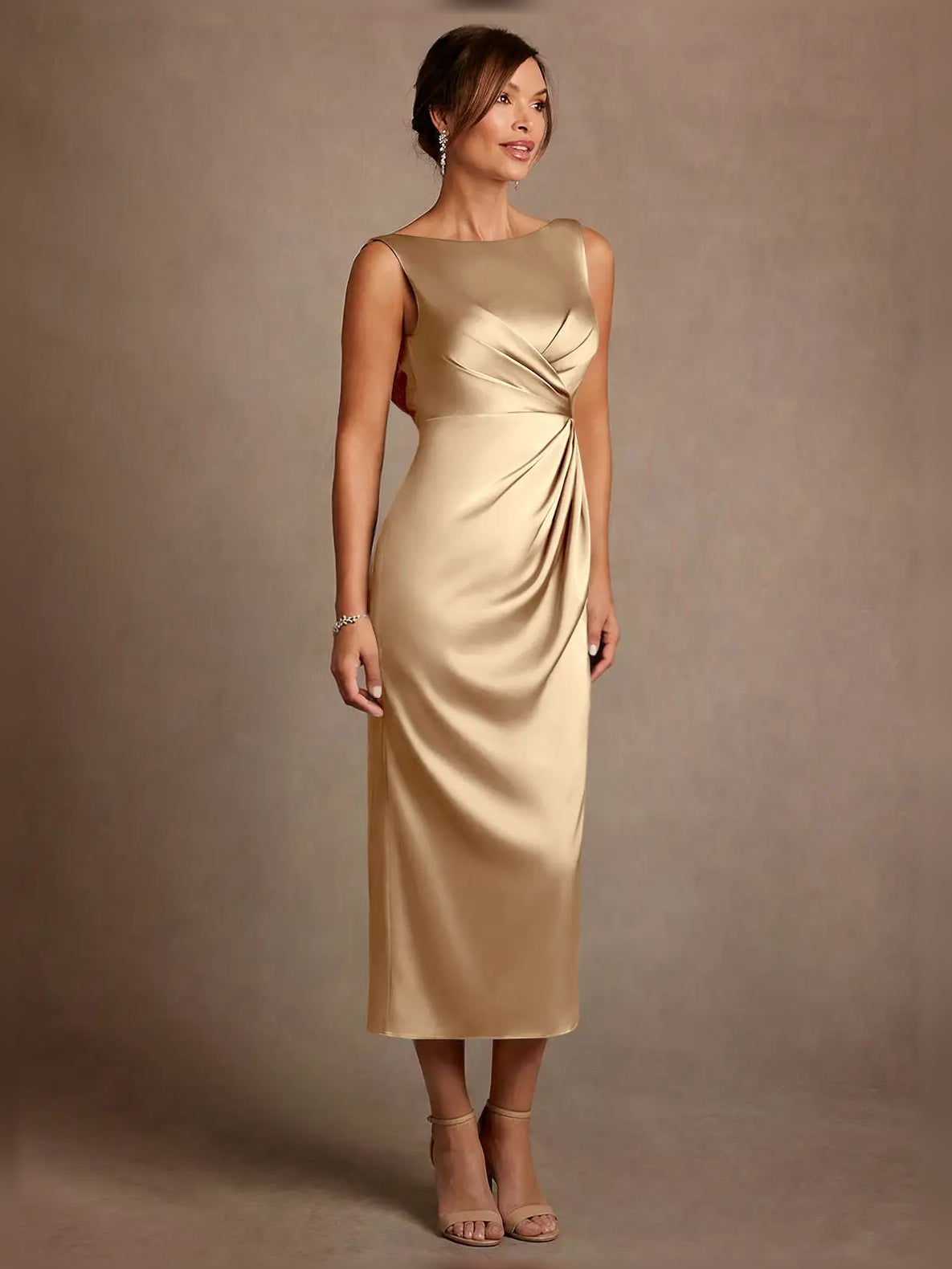Champagne midi mother of the bride dress, alternate view showing the skirt and hem