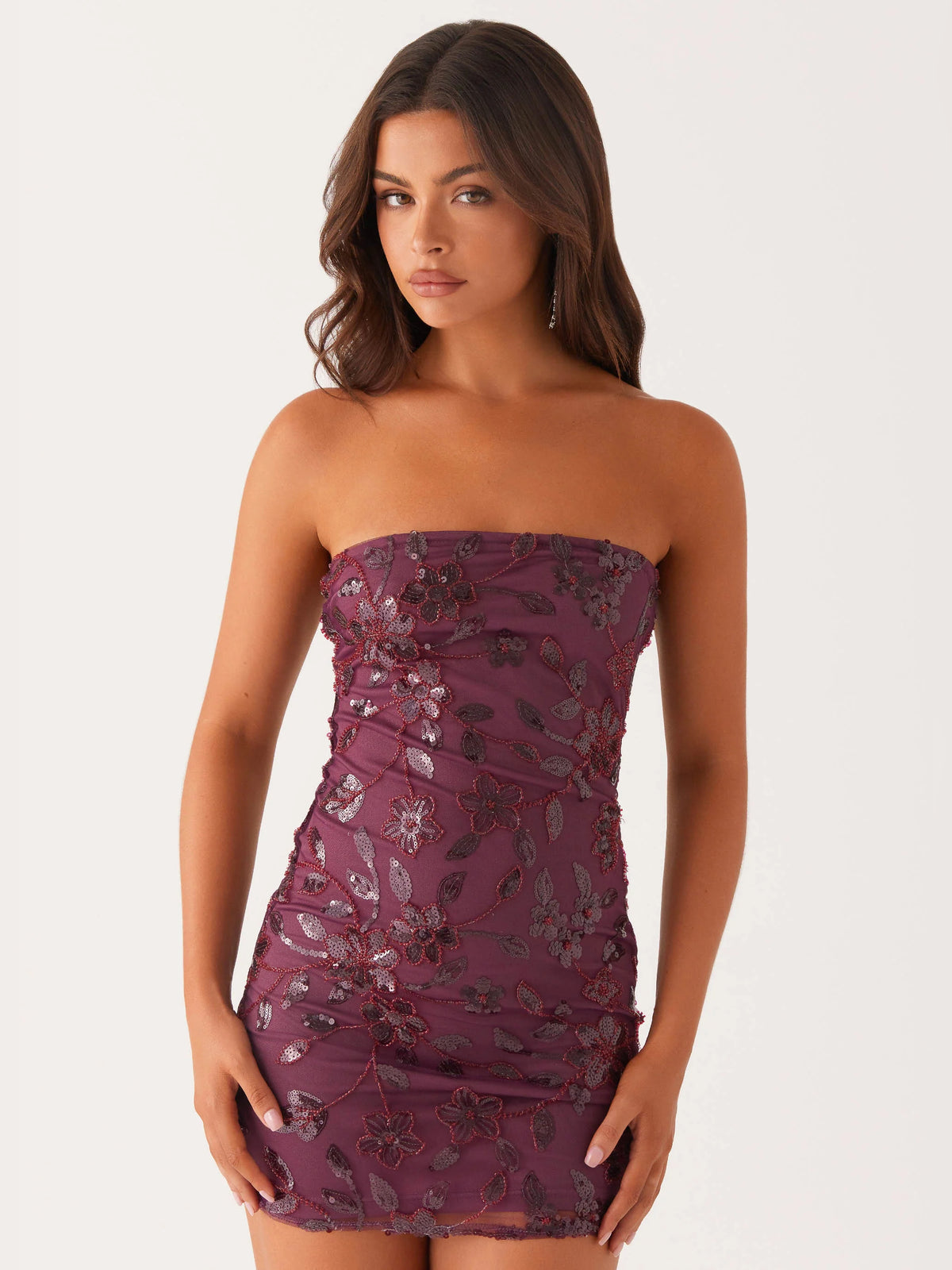 Mulberry mini homecoming dress, alternate view showing the skirt and hem