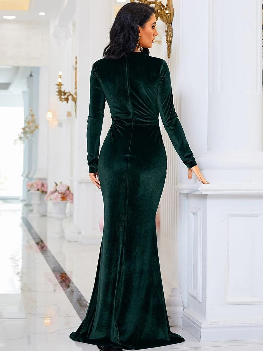 Green mermaid maxi formal dress with V-neckline, alternate view showing the skirt