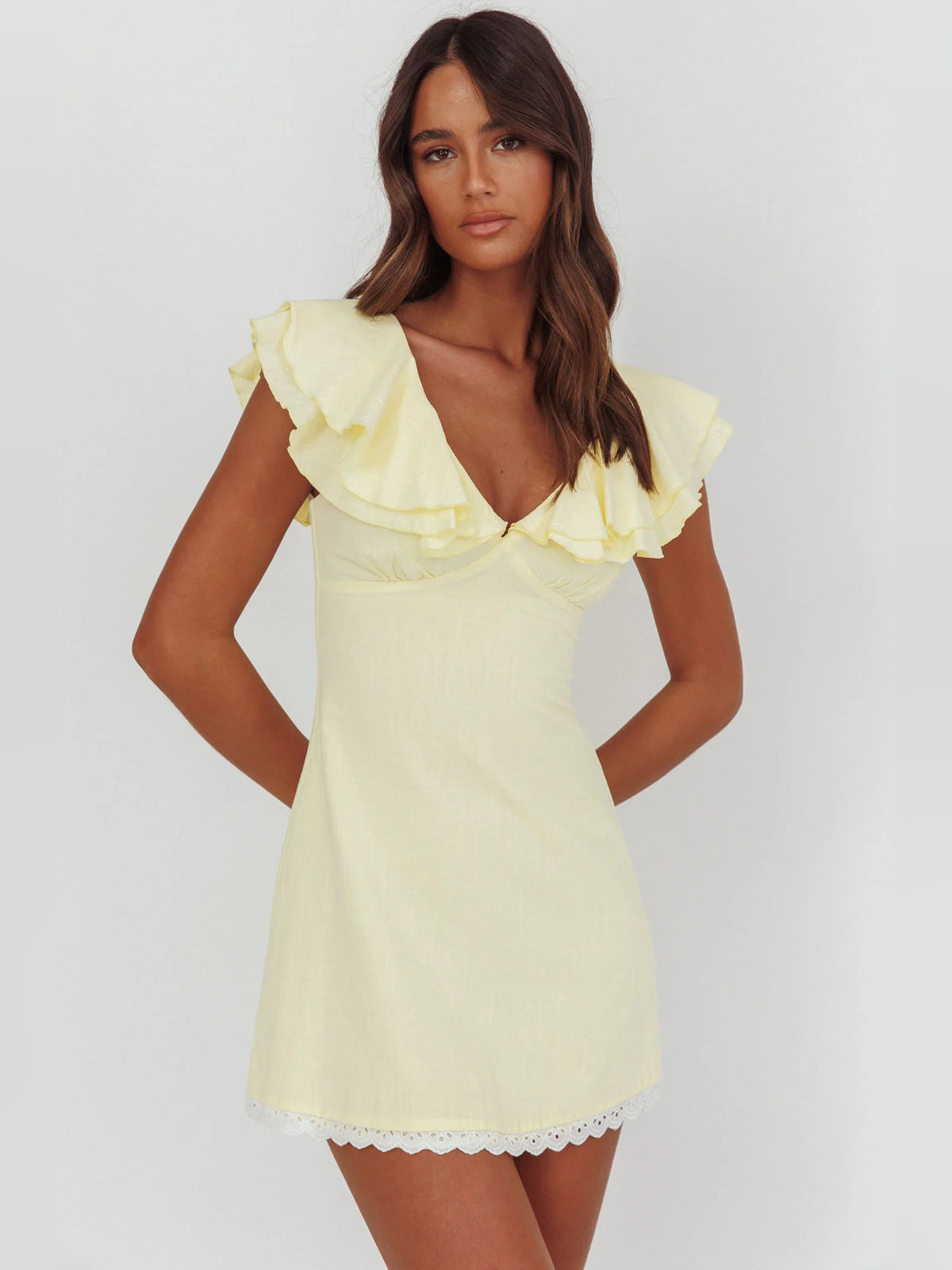 Butter mini homecoming dress, alternate view showing the skirt and hem