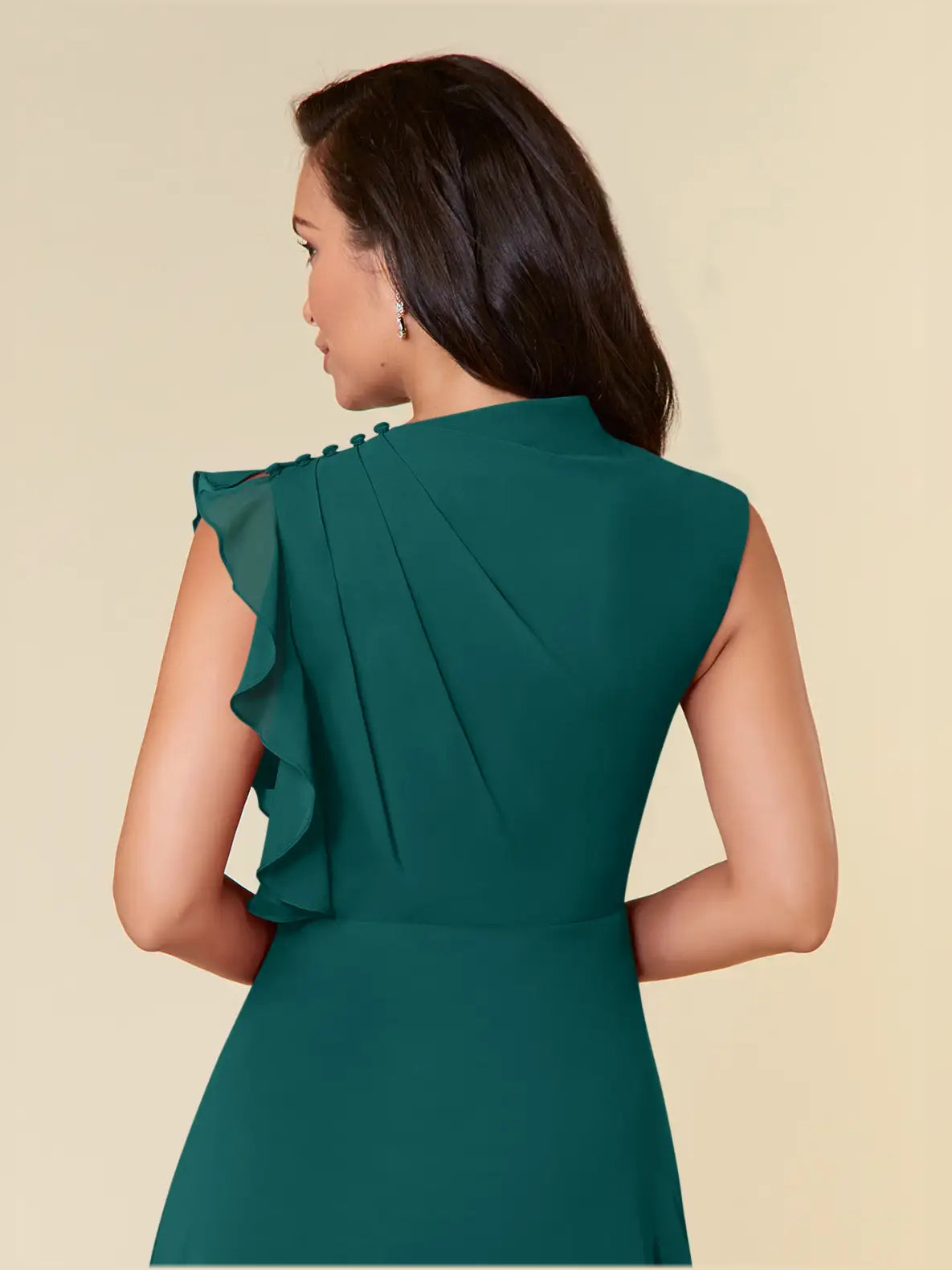 Peacock maxi bridesmaid dress, alternate view showing the skirt and hem