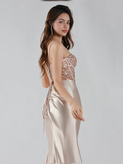 Champagne mermaid floor-length formal dress with sequins, alternate view showing the skirt