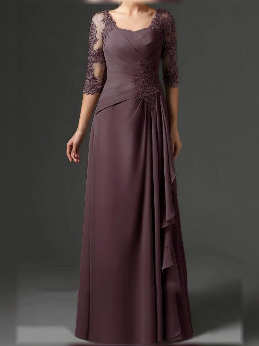 Chocolate floor-length mother of the bride dress, alternate view showing the skirt and hem