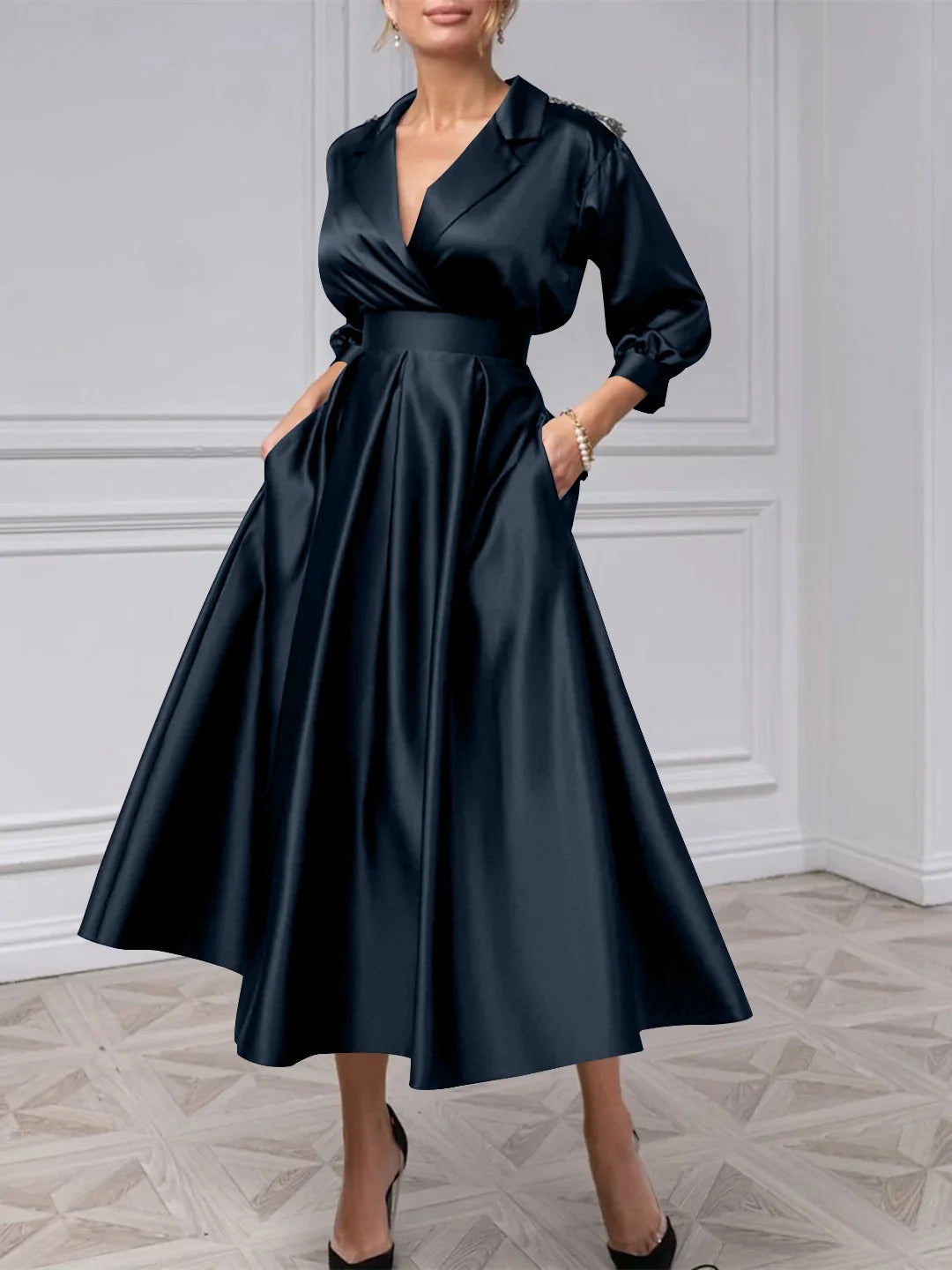 Dark Blue midi mother of the bride dress, alternate view showing the skirt and hem