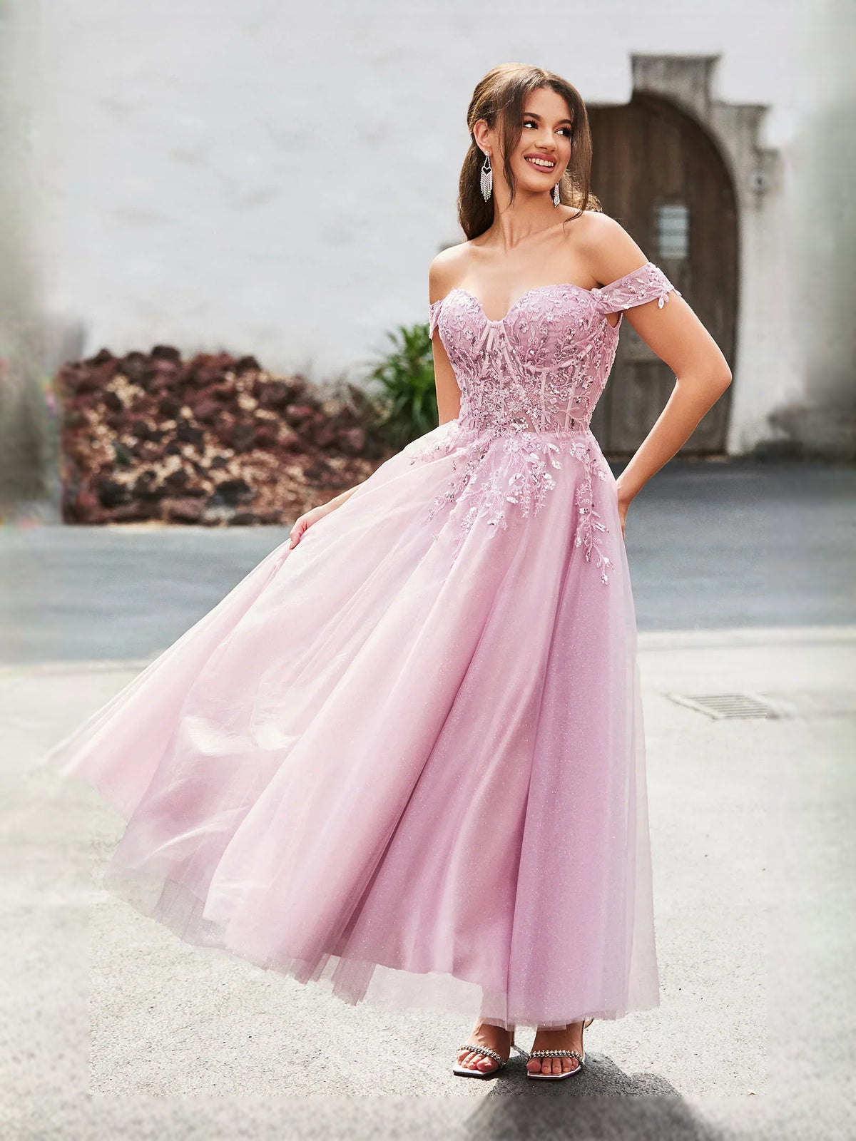 Blue tea-length prom dress, alternate view showing the skirt and hem
