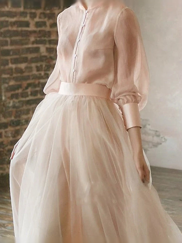 Champagne maxi prom dress, alternate view showing the skirt and hem