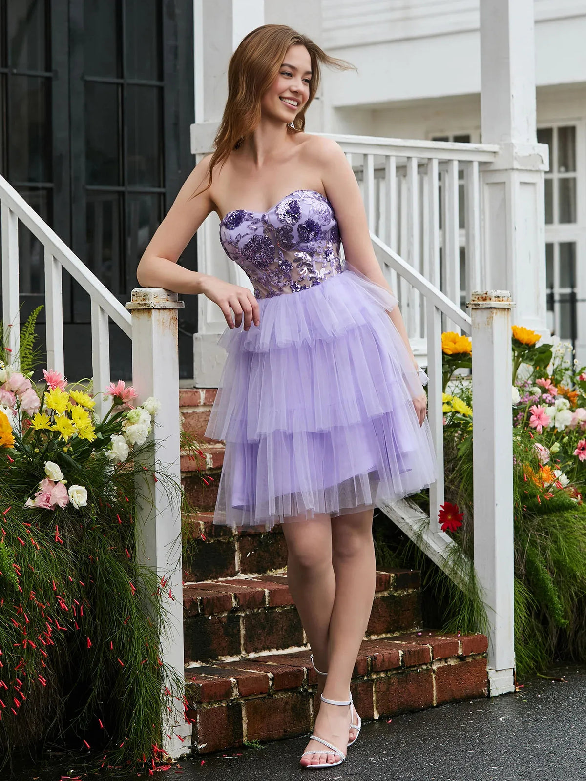 Lilac mini homecoming dress, alternate view showing the skirt and hem