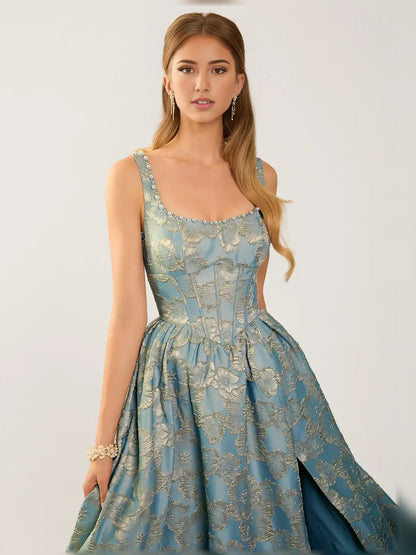 As Picture a-line floor-length formal dress with skirt slit, alternate view showing the skirt