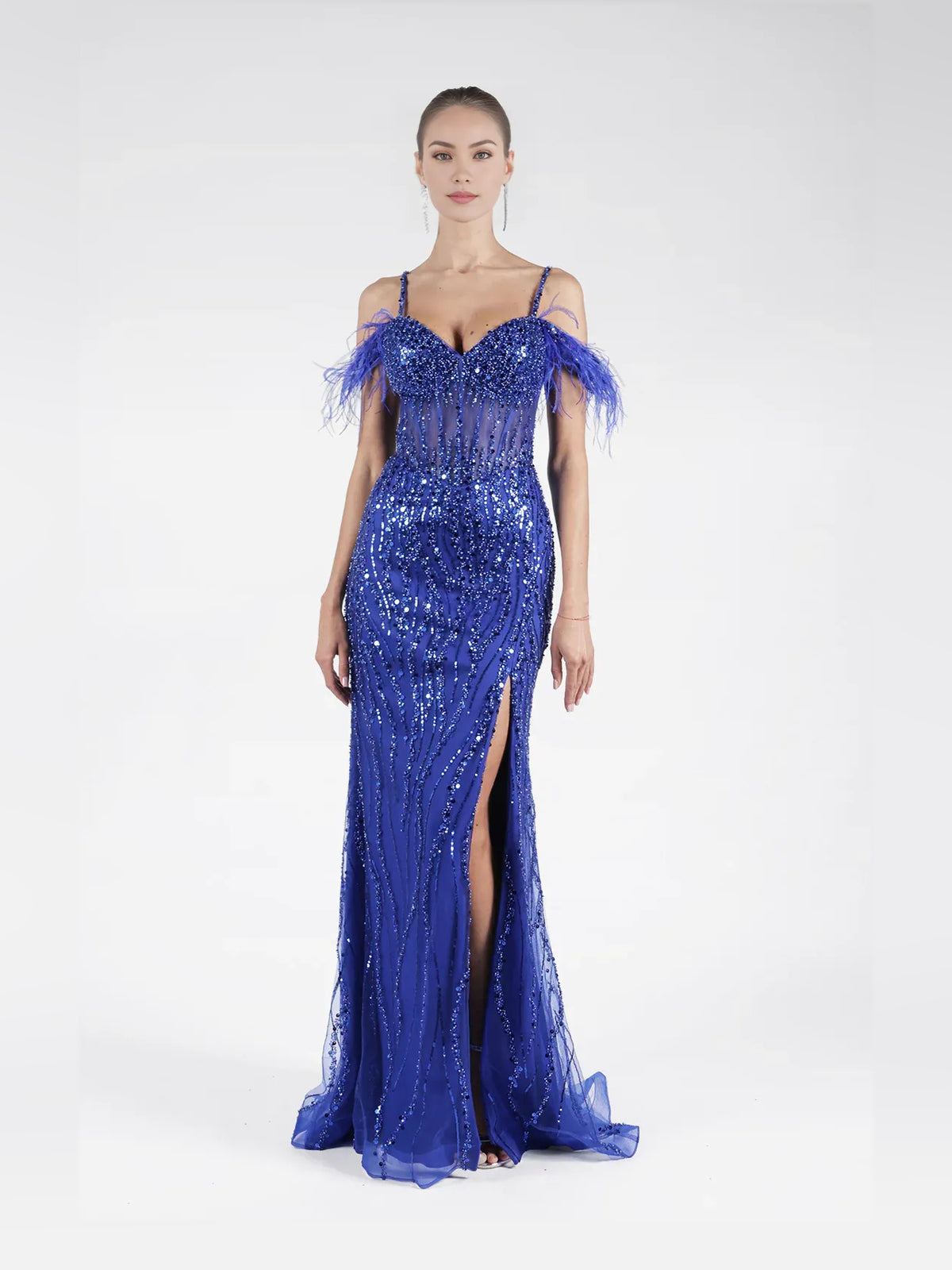 Dark Blue floor-length prom dress, alternate view showing the skirt and hem