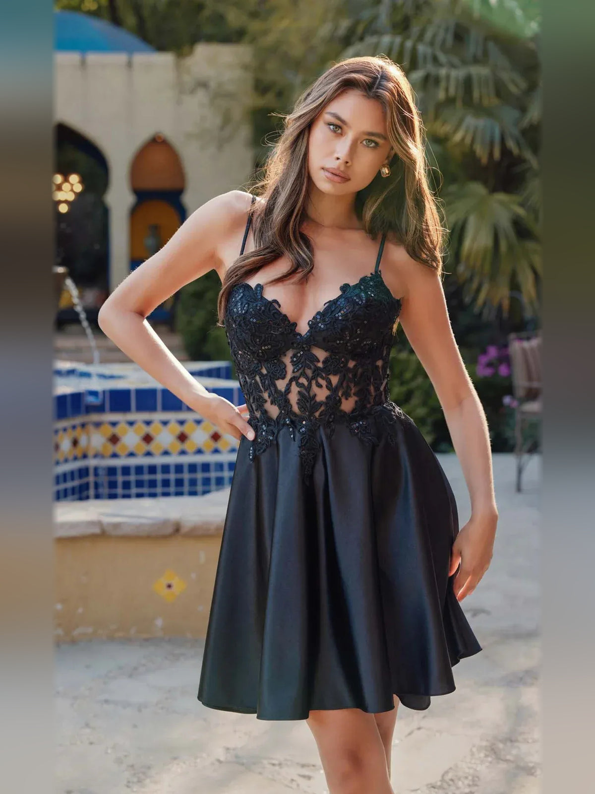 Teal mini homecoming dress, alternate view showing the skirt and hem