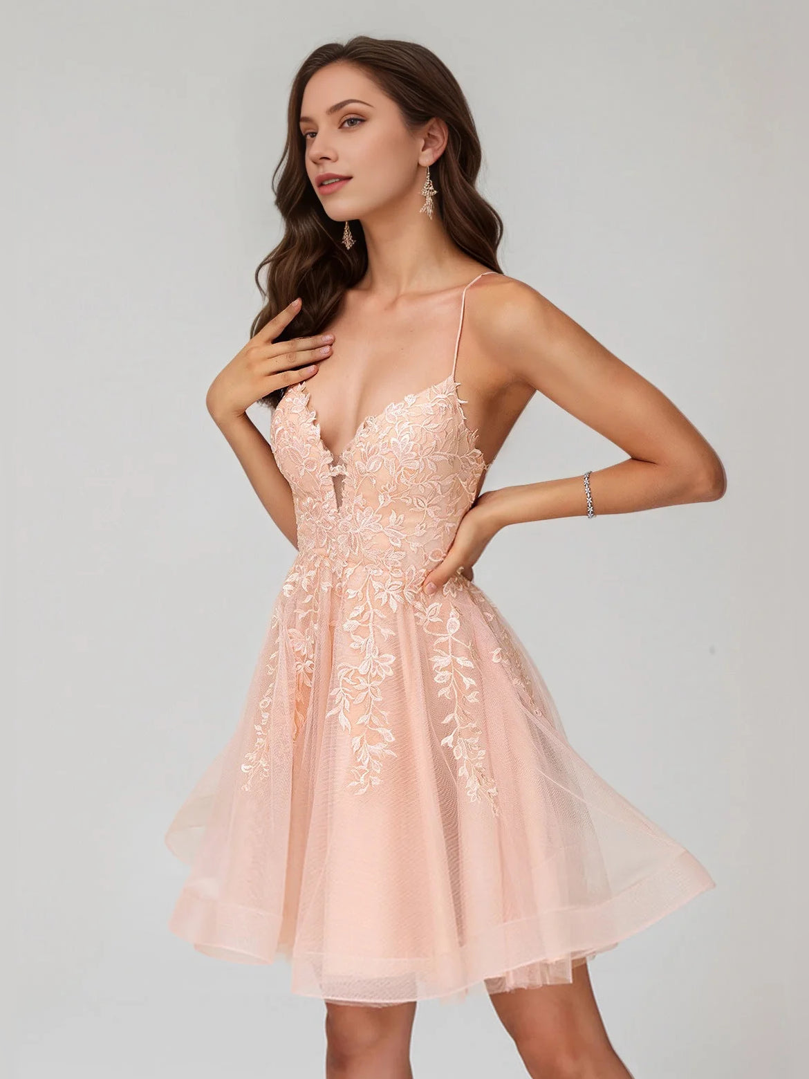 Pearl Pink mini homecoming dress, alternate view showing the skirt and hem