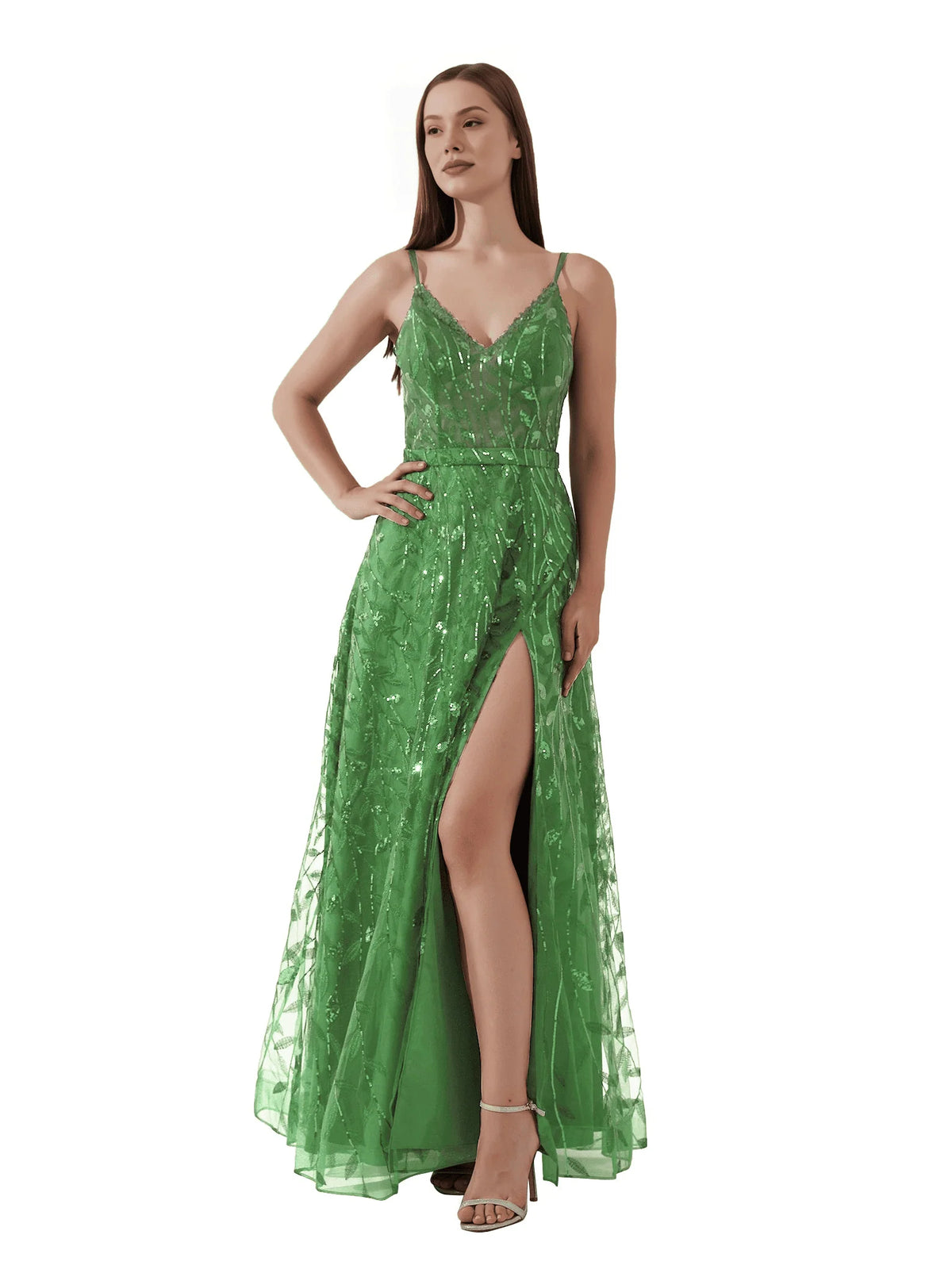 Green floor-length prom dress, alternate view showing the skirt and hem