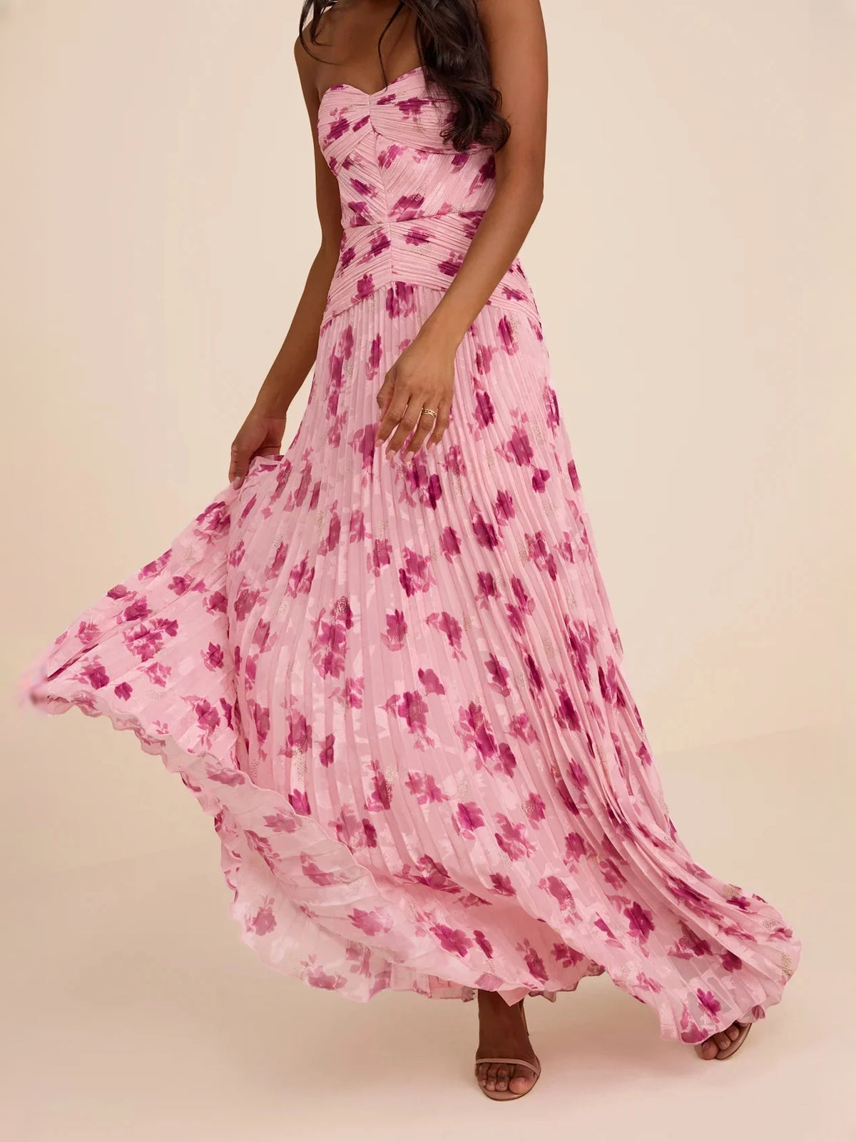 Dusty Pink maxi bridesmaid dress, alternate view showing the skirt and hem