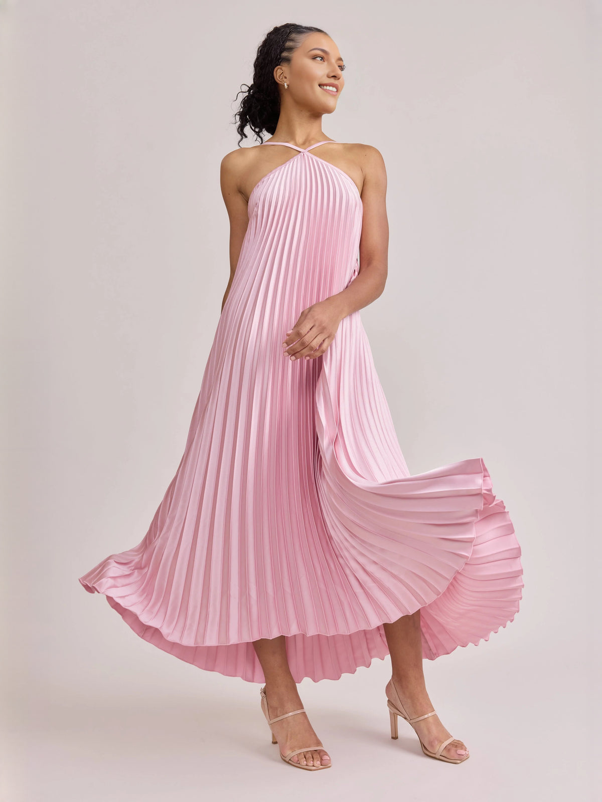 Pink midi bridesmaid dress, alternate view showing the skirt and hem