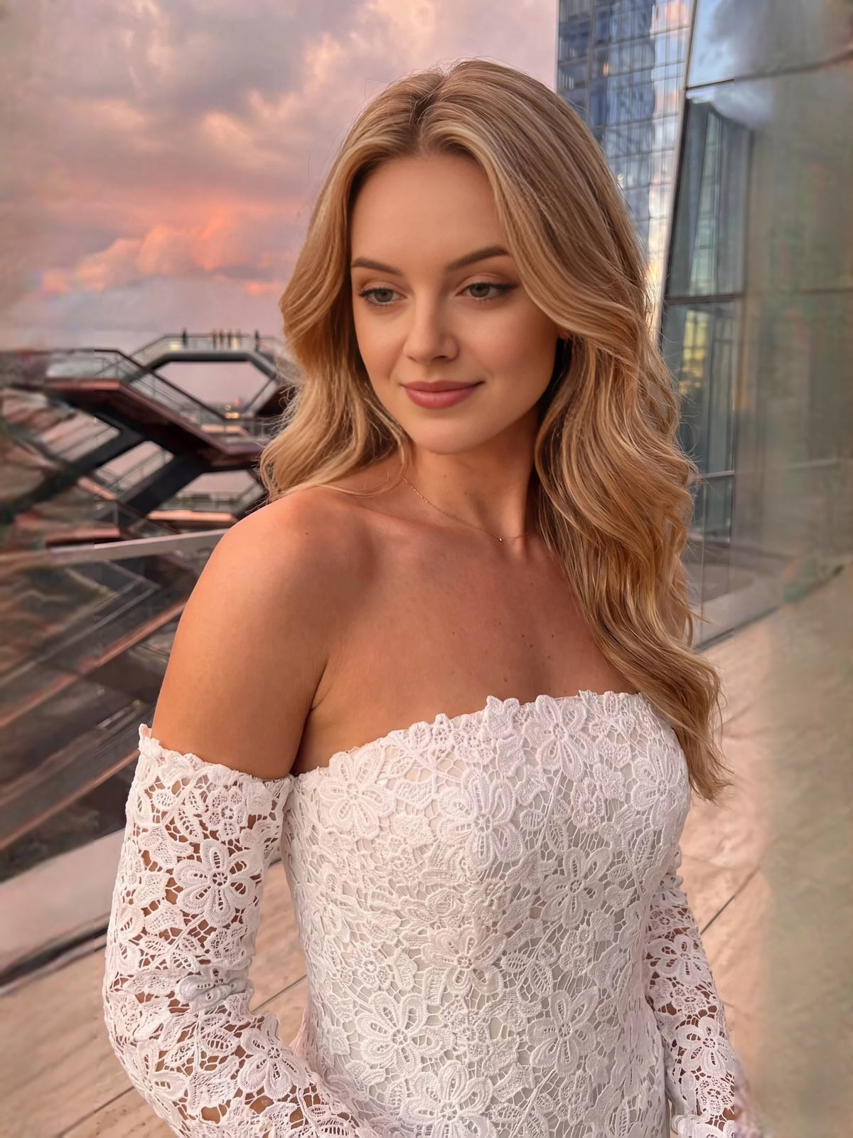 Ivory floor-length wedding dress, alternate view showing the skirt and hem